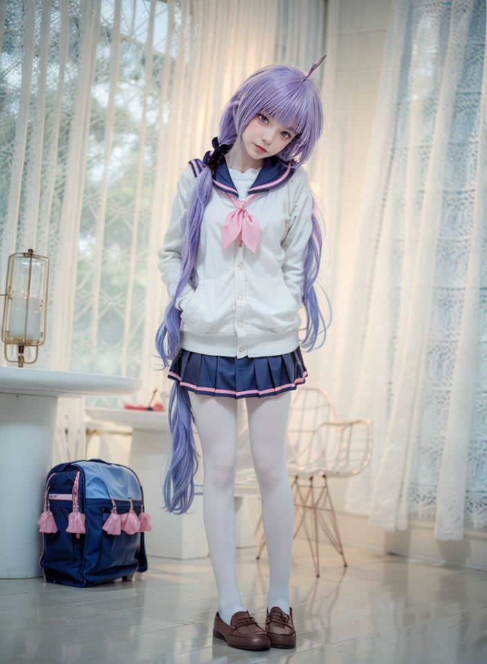 unicorn \(azur lane\),1girl,pink neckerchief,solo,skirt,purple hair,purple eyes,pantyhose,long hair,school uniform,pleated skirt,ahoge,shoes,white pantyhose,white cardigan,scrunchie,looking at viewer,brown footwear,bag,sailor collar,loafers,serafuku,hair scrunchie,full body,twintails,low twintails,hair ornament,head tilt,blue skirt,standing,neckerchief,realistic,cardigan,long sleeves,indoors,bangs,miniskirt,sleeves past wrists,<lora:mikoww_20231215181645:1>,