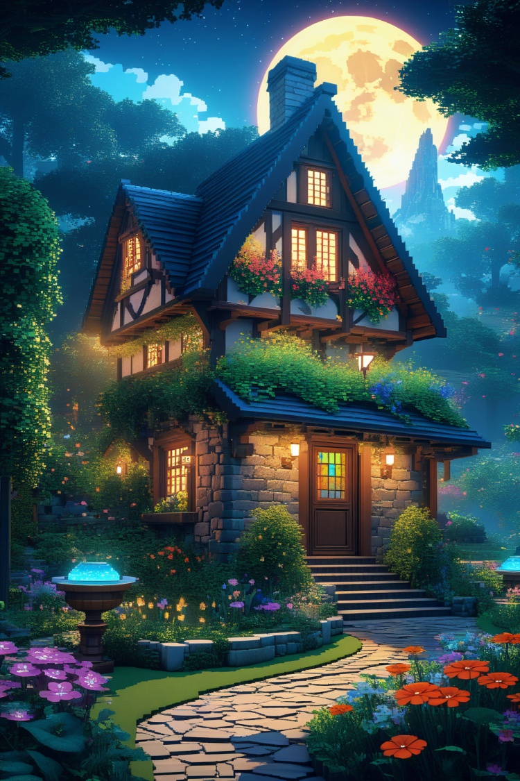 A vibrant, enchanted garden with a variety of magical flora glowing under the moonlight, with a quaint stone cottage in the background., illustration, 3d, cartoon,high resolution, high quality, detailed, masterpiece, hdr, sharp,[Pixel Art style],[ abbe bi style], amazing, beautiful, breathtaking, astonishing, brilliant, incredible,