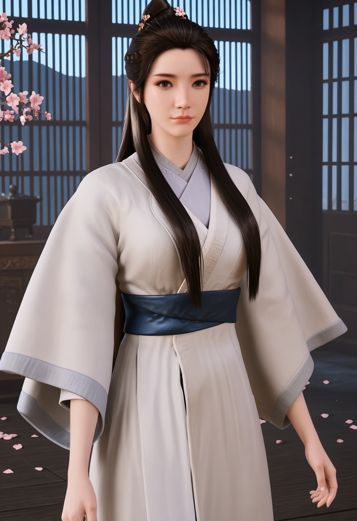 (cowboy shot:1.2),(looking at viewer:1.1),masterpiece,(best quality),smog,Dark room,dim lighting,peach blossom,falling petals,<lora:YQ_Illustrious光辉v5_辛如音_V1:0.8>,q1528437228,1girl,solo,long hair,chinese clothes,hanfu,white dress,black hair,brown hair,hair ornament,brown eyes,sash,hair bun,hair flower,black eyes,braid,ponytail,forehead,jewelry,