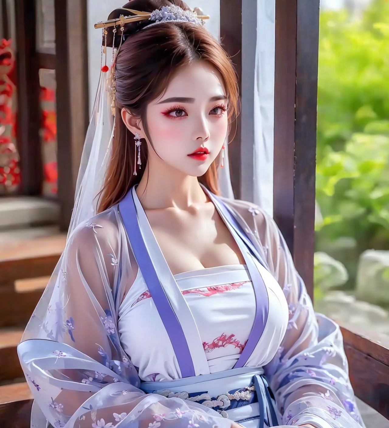 1girl,jewelry,red_lips_,lipstick,applying_makeup,diamond drop earrings,eye makeup,black hair,upper_body,solo,<lora:汉服眼妆1.3:0.5>,plump breasts,(veil:1.2),purple hanfu,purple,<lora:汉服绝美女孩吊带1.1:0.8>,