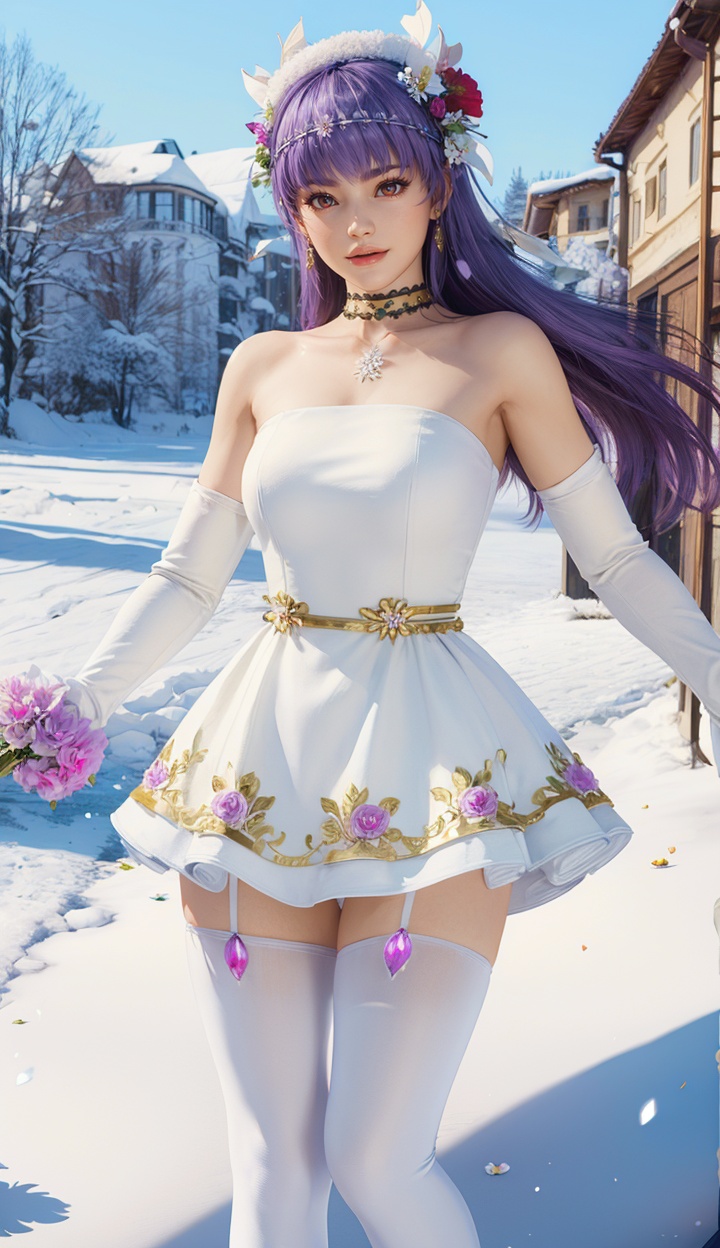 masterpiece,highres,1girl,solo,sfw,<lora:add_detail:0.3>,thighhighs,((beautiful Dress+stocking):1.25),((flower headdress:1.45)),((white theme:1.5)),snow,outdoors,snowflakes,sleeveless,3D graphics,looking_at_viewer,ayane,front view,<lora:ayane-000004:0.7>,