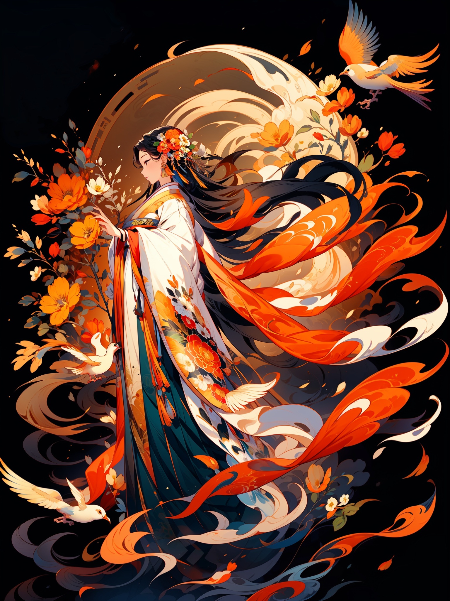 1girl, black hair, long hair, bird, solo, flower, hanfu, hair ornament, hair flower, wide sleeves, profile, long sleeves, sash, floating hair, full body, standing, orange flower, black background