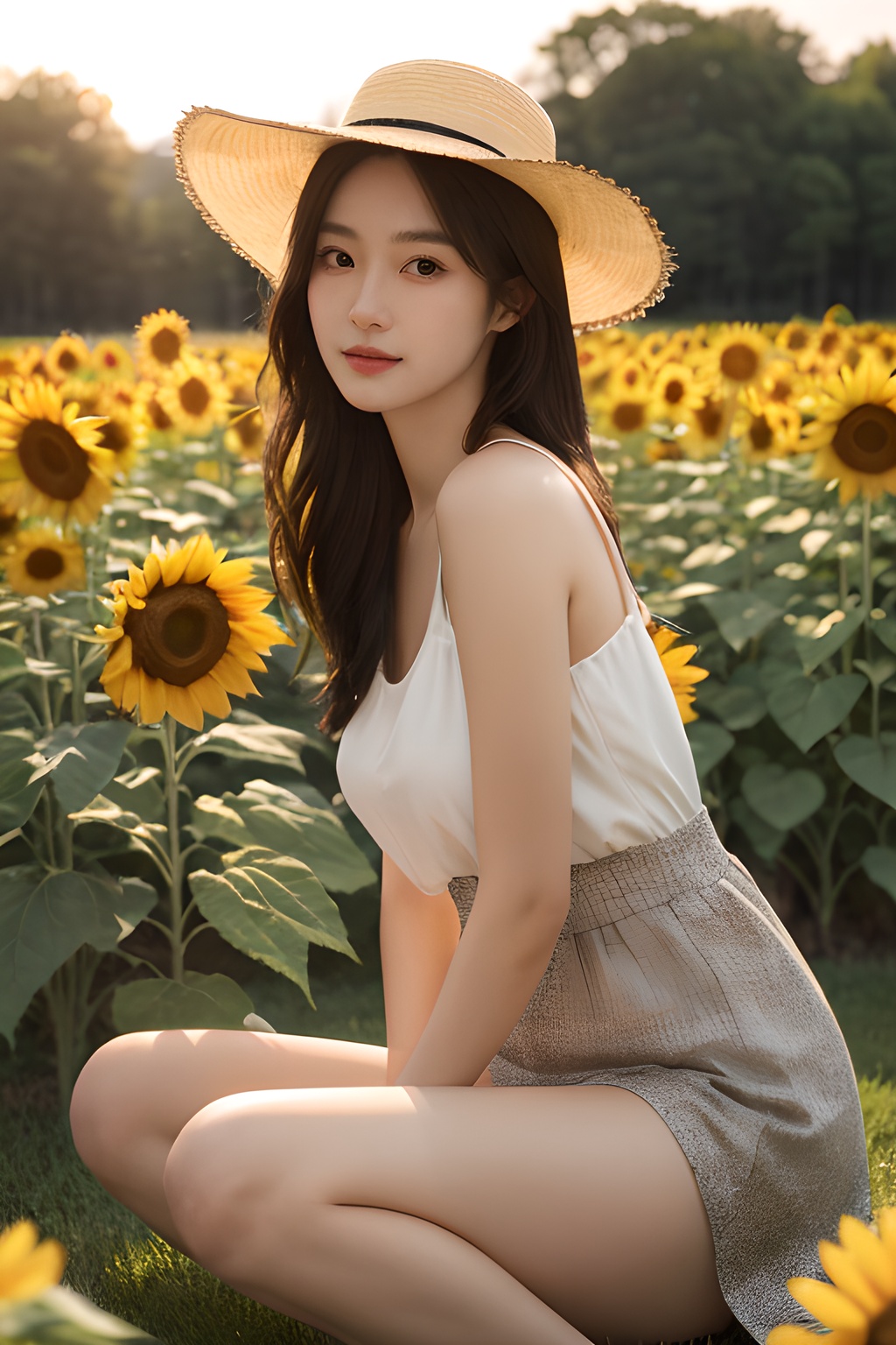 <lora:0813_02:0.7>,a girl with a sun hat, sitting in a field of sunflowers, bathed in the golden glow of sunset, warm hues, peaceful ambiance, natural beauty.korean girl,black hair,, 1girl,realistic,masterpiece, best quality, photorealistic, HDR,detail