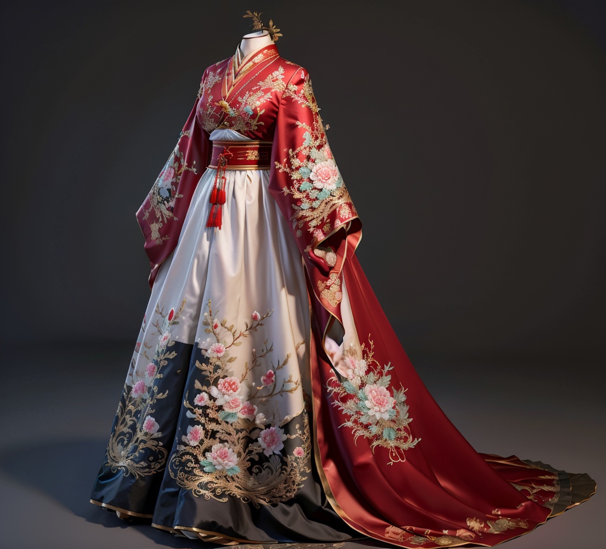 Hanfu,main red and gold,clothing design products with Chinese clothing as still life,realism,multi-color matching,high detail,edge light,