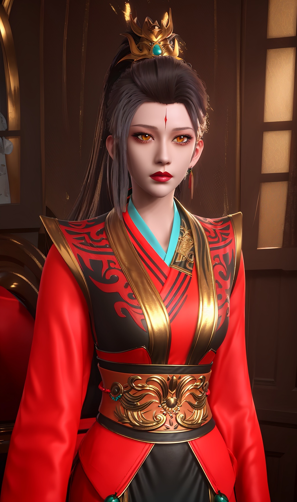 3D,masterpiece,(best quality),(makeup),official art, extremely detailed cg 8k wallpaper,((crystalstexture skin)), (extremely delicate and beautiful),(highly detailed),(face),headpiece,(collar),(ponytail),(tiara),(closed_mouth),(1girl), (solo), (jewelry), (earrings),(brown_hair),(long_hair),(hair_ornament),(handwear),(breasts),(standing),((upper_body)),(dress),(skirt),(multicolored_clothes),(multicolored_dress),(shiny_clothes),(city,indoor,bed),(sash),(shorts),,((looking_at_viewer)),((Facing the camera)),(gold_trim),, <lora:hipoly3DModelLora_v10:0.3>