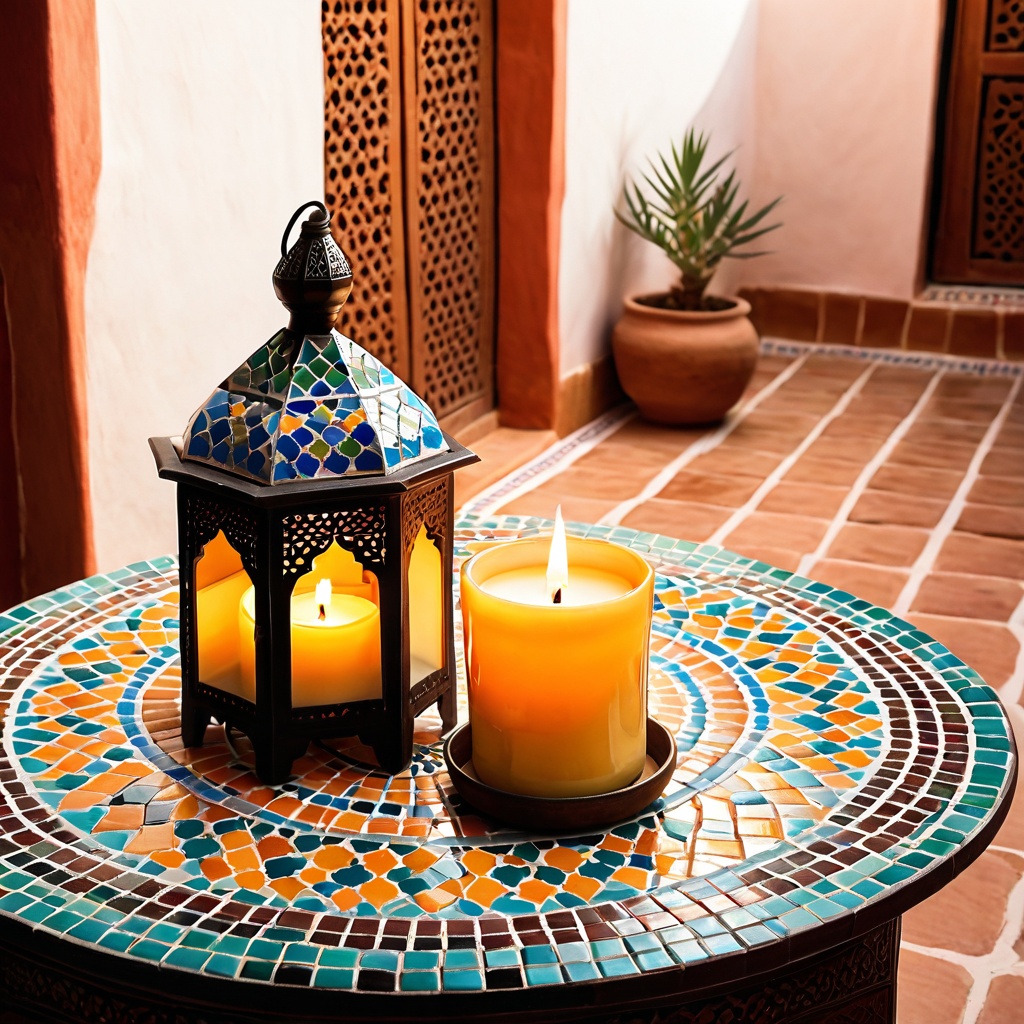 scenemorocriad,  a scented candle,  Moroccan riad courtyard table on Tensor.Art