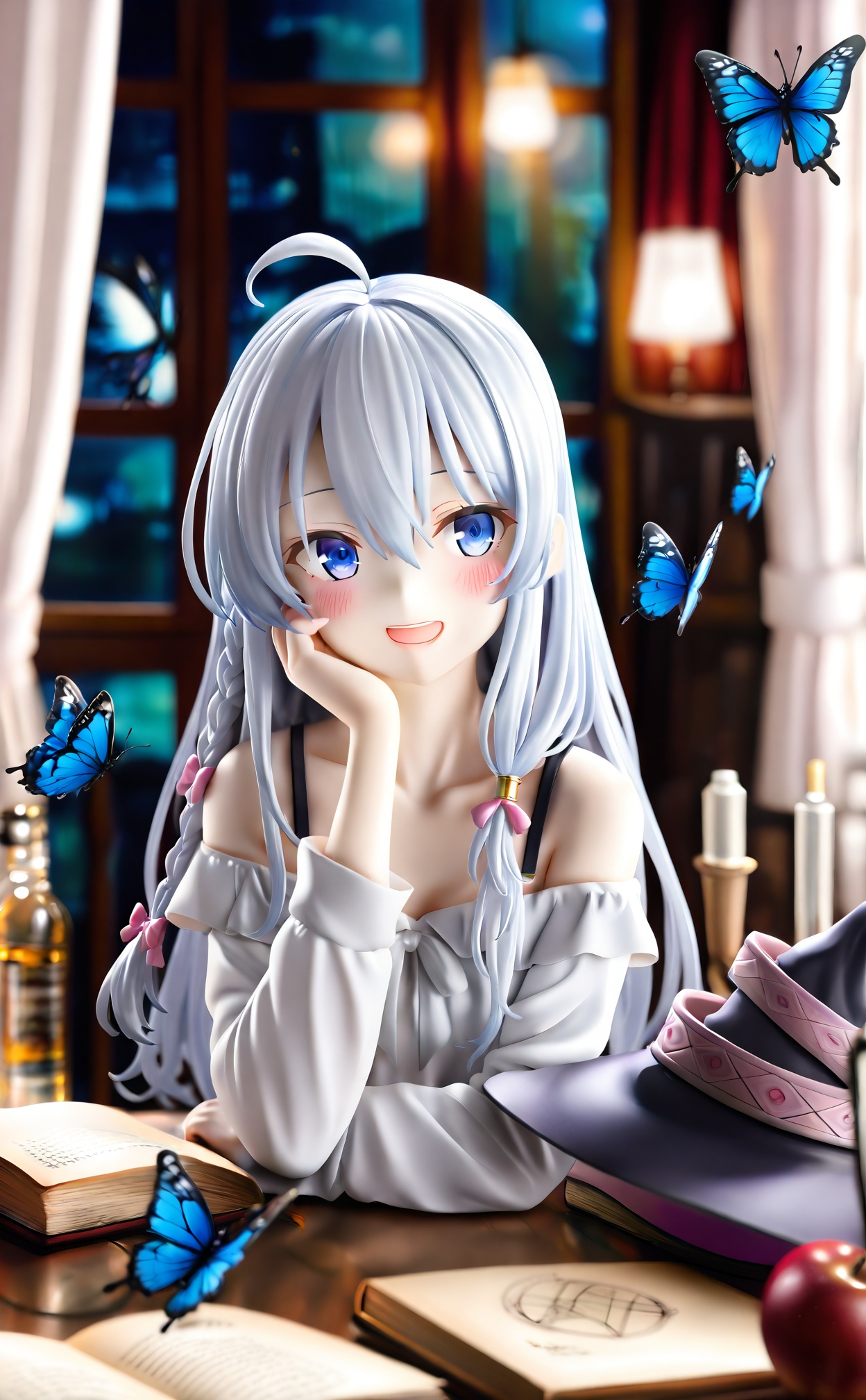 masterpiece,absurdres,best quality,high quality,chromatic_aberration,//,1girl,fruit,food,apple,long hair,elaina (majo no tabitabi),blue eyes,solo,hat,bug,witch hat,book,ahoge,braid,butterfly,open mouth,bottle,off shoulder,looking at viewer,smile,window,table,hair between eyes,blush,collarbone,black headwear,hair bow,curtains,hexagram,ribbon,unworn headwear,indoors,witch,bow,shirt,bare shoulders,blue butterfly,white hair,unworn hat,pentagram,teeth,underwear,long sleeves,hand on own face,night,hand on own cheek,blurry foreground,pink bow,grey hair,jewelry,single braid,blurry,upper body,bra strap,off-shoulder shirt,head rest,elbows on table,//,Cinematic Lighting,depth_of_field,pastel colors,subsurface scattering,blurry,//,<lora:PVC8——【CKXL】hans:0.88>,