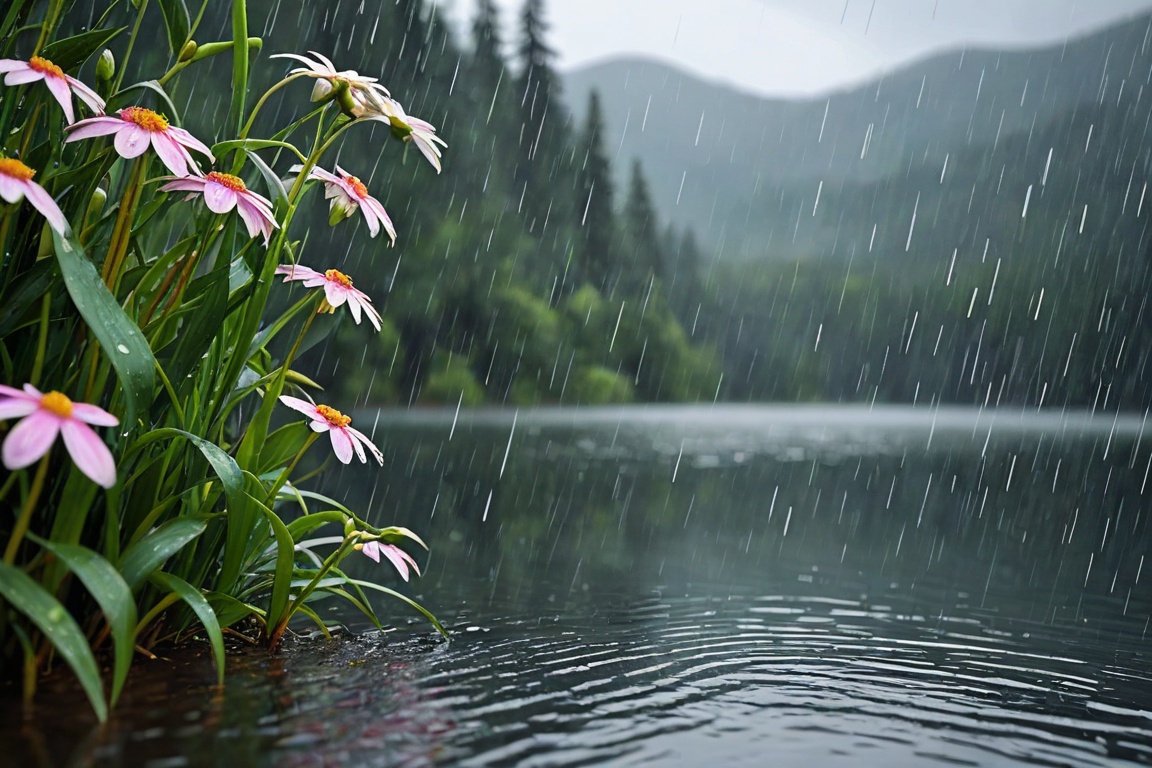 Heavy rain falling so much that you can't see in a beautiful landscape of mountains,  lakes,  forests on Tensor.Art