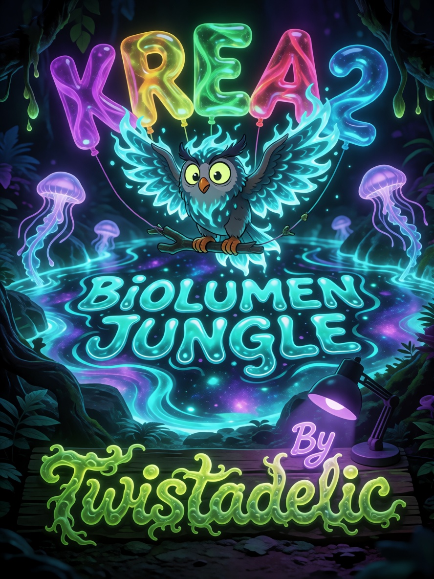 tic_biolum_jungle,  A cartoony illustration in exaggerated cartoon style,  vibrant and richly saturated with soft ambient...