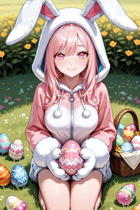 masterpiece, high resolution, 8k wallpaper, ultra-detailed illustration, ultra-detailed background, magnificent details, exquisite details, ultra-detailed eyes, ultra-detailed face,ultra-detailed features, cinematic composition,1girl, solo, medium breasts, long hair, pale pink hair, pink eyes, looking at viewer, cute smile, light blush, animal hoodie, fake rabbit ears hood, hood up, fur trims, rabbit paw gloves, kneeling, holding big Easter egg in own lap,Easter background, Easter eggs, flowers, Easter basket, outdoors, cute, Easter theme
