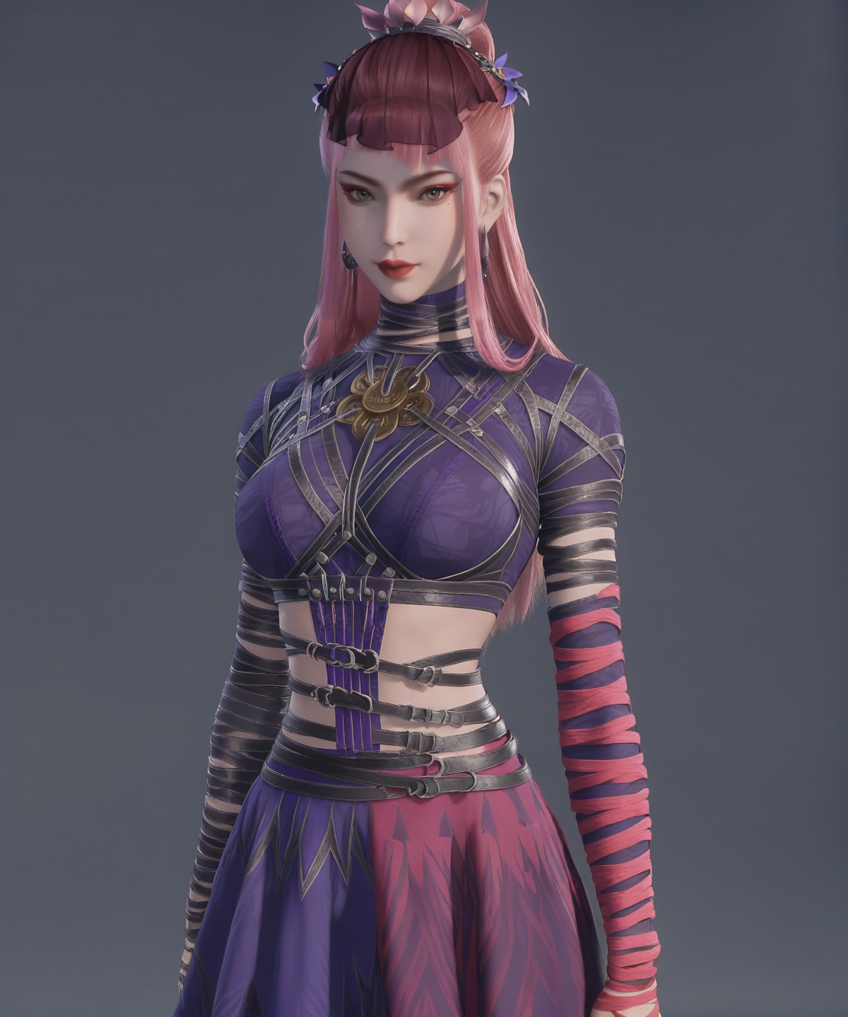 score_9,<lora:SF_JiangChen_Pony_XMM-000004:0.7>,purple dress,hair ornament,bangs,pink hair,red lips,crop top,eyeshadow,mole under eye,1girl,breasts,large breasts,skirt,standing,solo,belt,red bandaged arm,looking at viewer,simple background,black footwear,