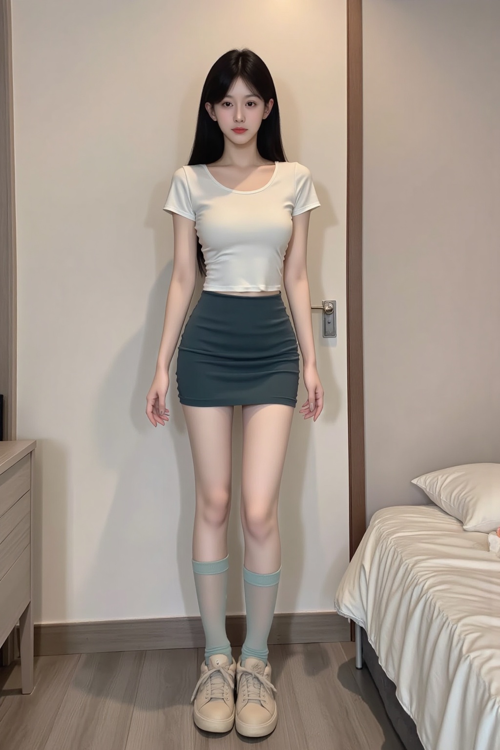 Short arm skirt,pajamas,beauty,This is a high-resolution photo of a young East Asian woman standing in a bedroom. She has a slender figure and fair skin. Her long straight black hair hangs over her shoulders, slightly leaning forward. She is wearing a white fitted short-sleeve t-shirt that accentuates her small chest. Her lower body is dressed in a tight dark green mini skirt, revealing her slender and well-shaped legs. On her feet, she wears light brown sneakers and thick light blue socks that extend below the knees.