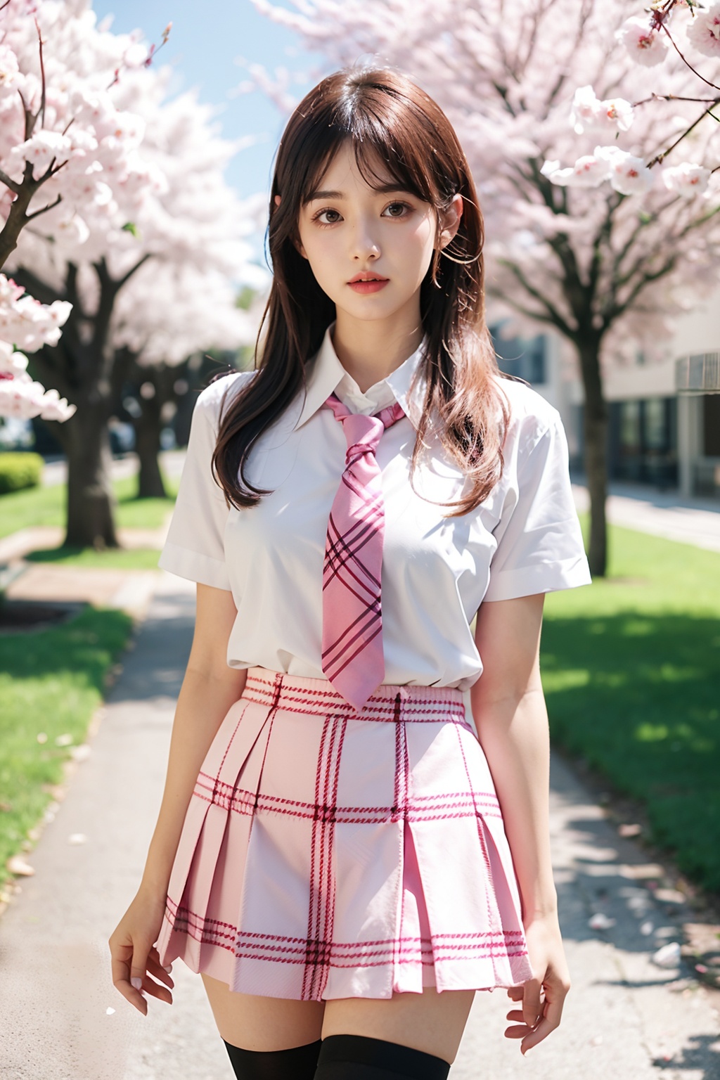 1girl ,upper body,pink plaid skirt, necktie,white short sleeve shirt,white thighhighs ,Cherry trees,outdoors,pink plaid skirt,necktie,white short sleeve shirt,white thighhighs