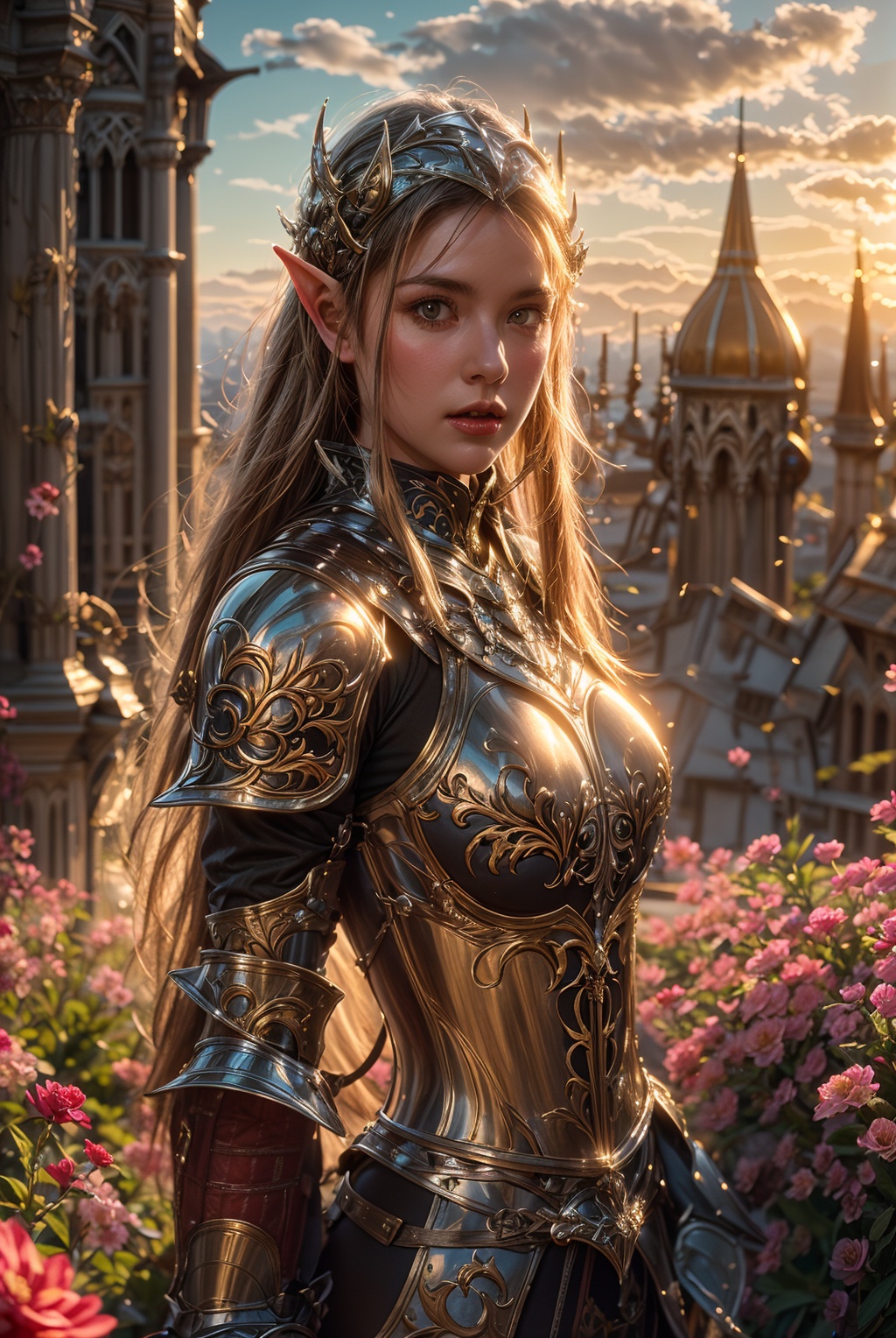 best quality,4k,elf knight01,1girl,ornate armor,Medieval architecture,flower sea,<lora:add_detail:1>,<lora:knight01-000007:0.8>,upper_body,