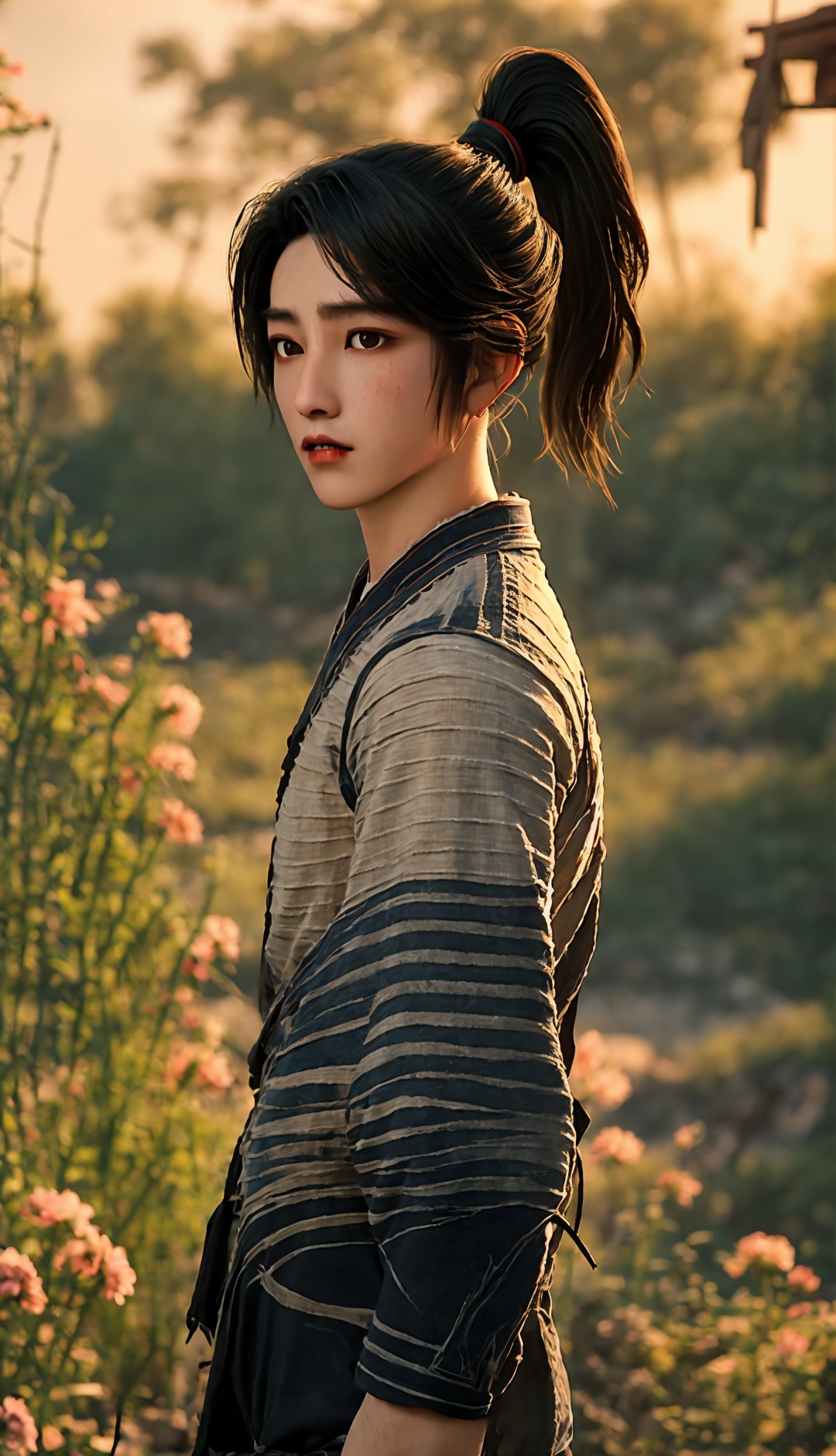 solo,blurry background,black hair,looking at viewer,realistic,black eyes,lips,closed mouth,scar,short hair,ponytail,day,<lora:Chenpingan Boy_20240906021908:0.8>,1boy,<lora:20240601-1717253745719:0.7>,<lora:美颜lora:0.6>,old,ponytail,cowboy_shot,medium_shot,<lora:hanfu_20231118200453:0.8>,starry sky,flowers meadows,