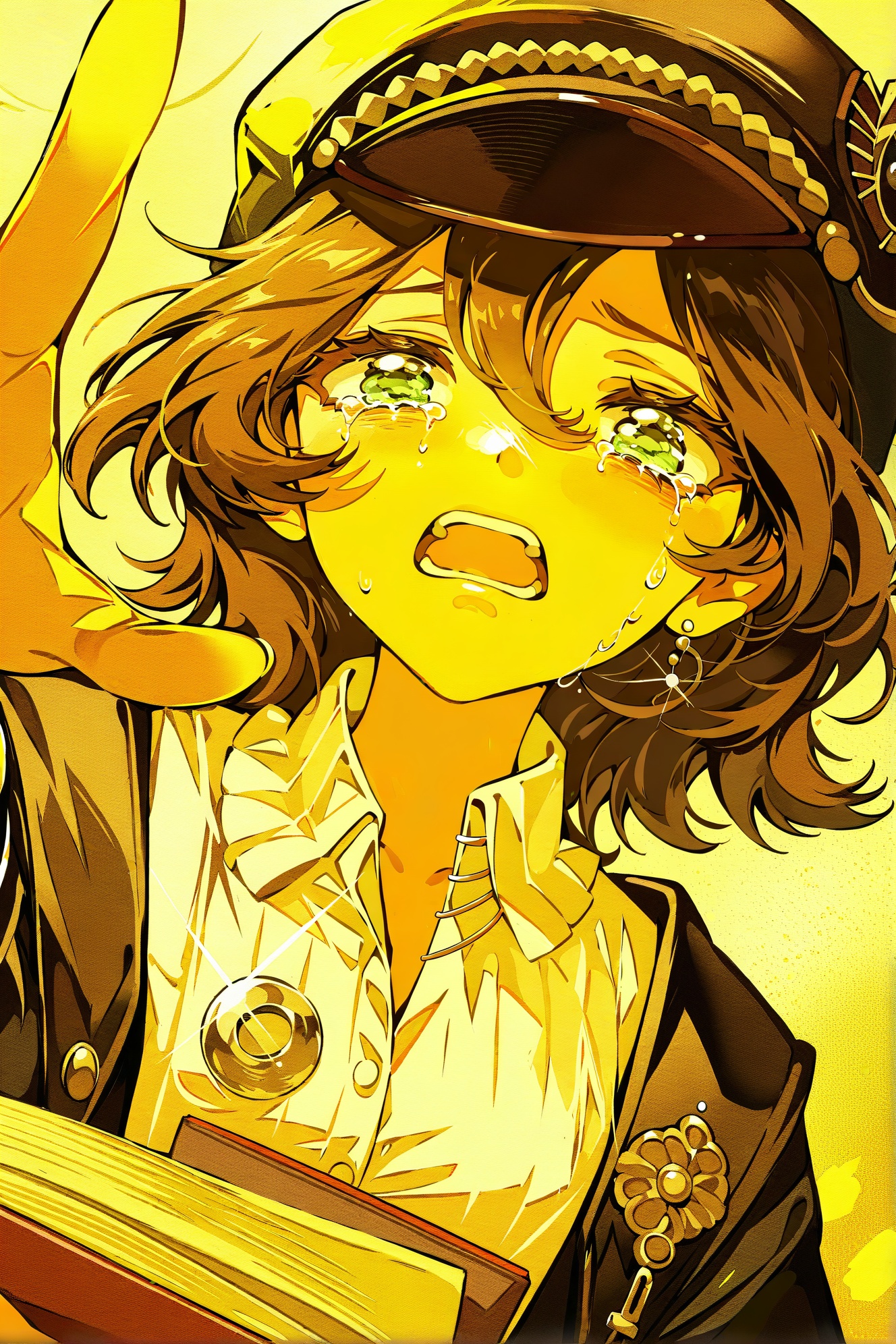 Reverse:1999, green eyes, solo, white shirt, shirt, 1girl, holding, hat, open mouth, short hair, looking at viewer, black headwear, tears, crying with eyes open, upper body, crying, collared shirt, book, jewelry, holding book, hair between eyes, earrings, black hair, tearing up, teeth, jacket, brown hair