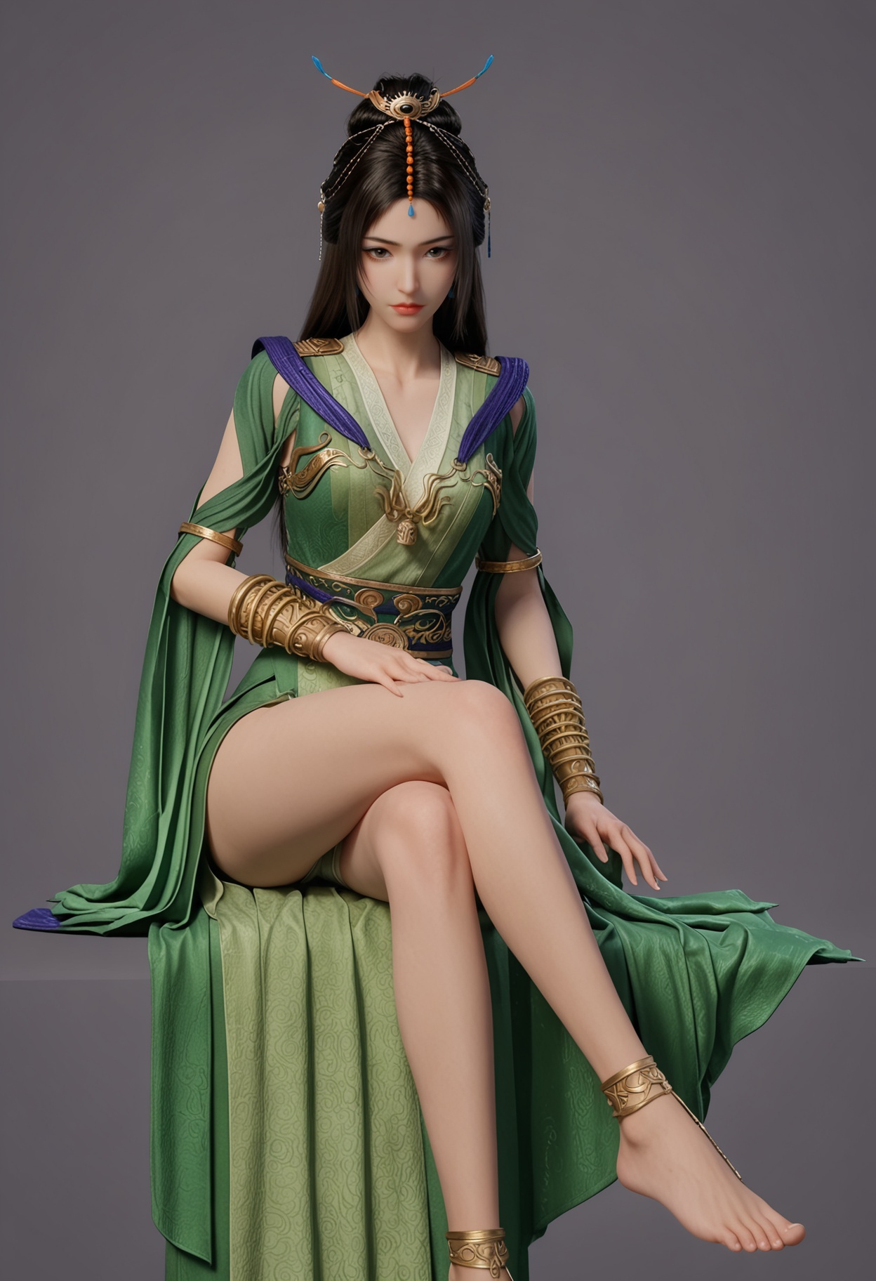 score_9,looking_at_viewer,(large breasts:0.8),liuyu,1girl,solo,black hair,hair ornament,long hair,green dress,realistic,dress,chinese clothes,closed mouth,jewelry,bracelet,sash,hair bun,brown eyes,clothing cutout,barefoot,sitting,(crossed legs:1.3),(simple background,pure black background,black background:1.1),perfect_anatomy,<lora:QQSponyliuyuV1:0.8>,