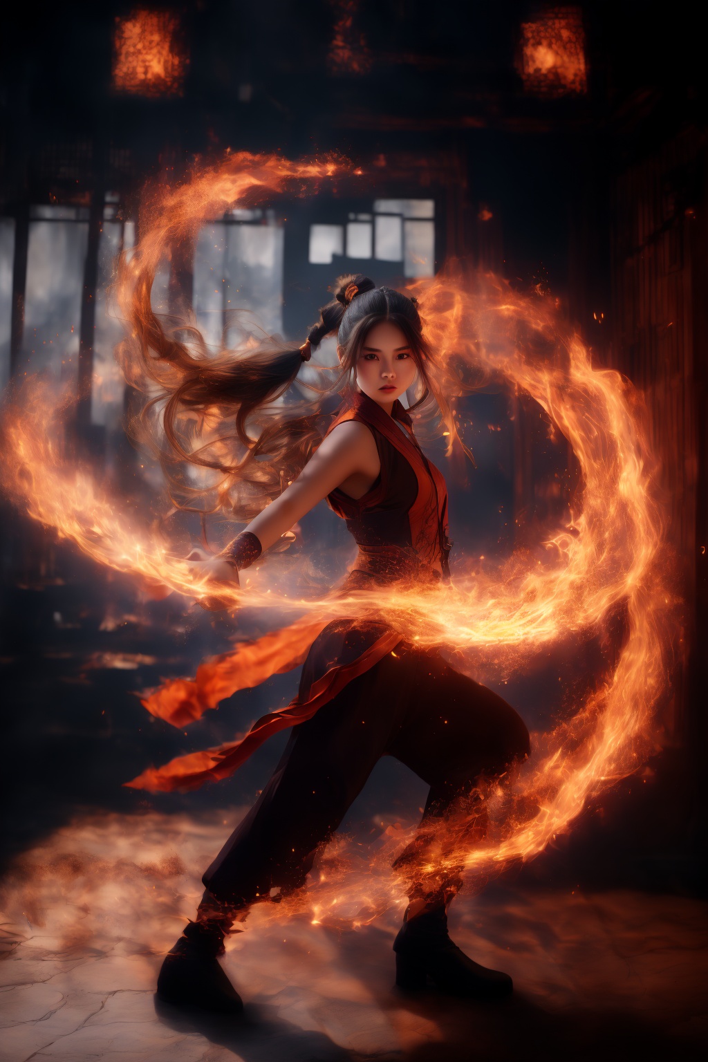 orang-aura,using orang-magic,orang-magic,ancient-costume,dancing,solo,1girl,fire,long hair,ponytail,<lora:magic_fighting_512_15:0.8>,