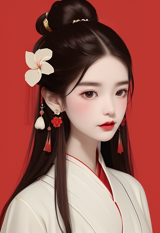 Chinese painting, 1girl, solo, long hair, hair ornament, flower, brown eyes, looking at viewer, jewelry, red background, earrings, hair bun, red lips, hair flower, simple background, brown hair, upper body, chinese clothes, closed mouth, <lora:Chinese painting_V10:0.9>, 