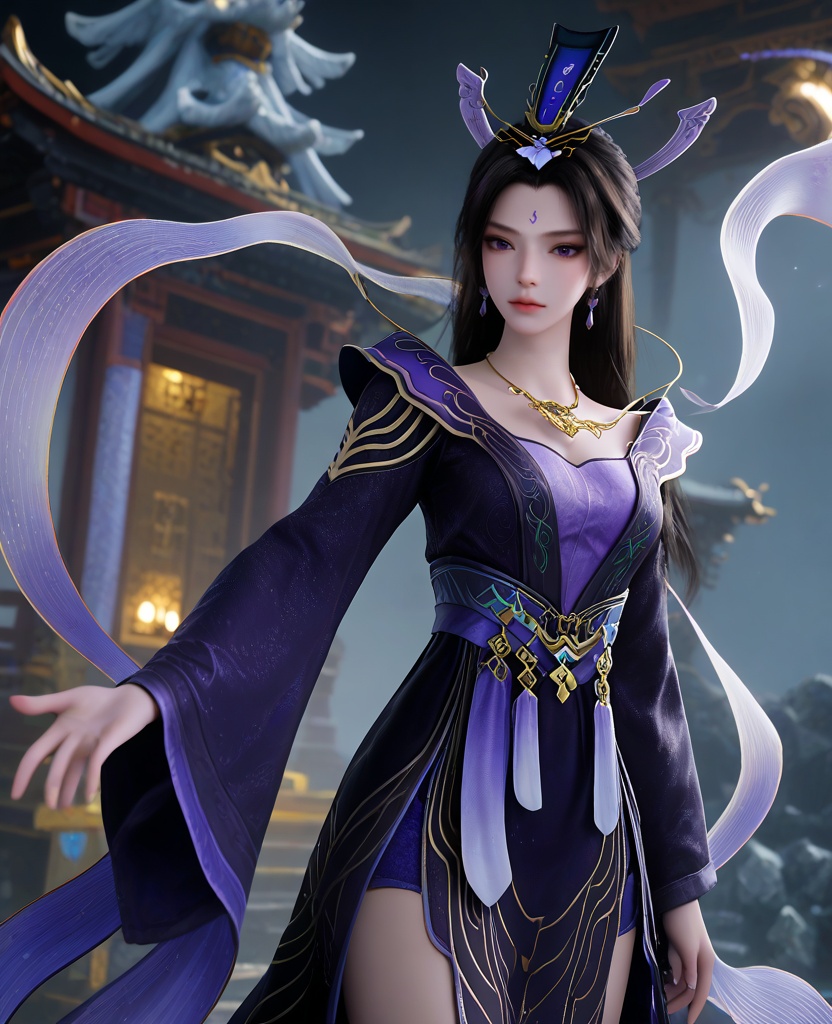 (oriental architecture, elegant decor, sophisticated style:1.1),(Bending down to tie shoelaces, with a puppy or pet eagerly watching and playing,:1.1),(breasts:1.2),<lora:XL16遮天紫府圣女紫霞:0.95>,miss zixia,atropurpureus dress,violet camisole,blue violet petticoat,amaranth eyes,forehead mark,black hair,very long hair,half-up crown ponytail,hair ornament,necklace,earrings,sash,wide sleeves,silk shawl,pelvic curtain,, score_9,score_8_up,score_7_up,score_6_up,score_5_up,score_4_up,3d rendering,tag1,tag2, Cinematic Lighting,backlighting,