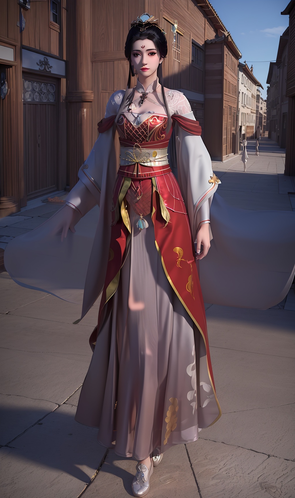 3D,masterpiece,(best quality),(makeup),official art, extremely detailed cg 8k wallpaper,((crystalstexture skin)), (extremely delicate and beautiful),(highly detailed),(face),(tiara),(tassel),(forehead_mark),(1girl), (solo), (jewelry), (earrings),(black_hair),(long_hair),(hair_ornament),(handwear),(breast),(standing),((full_body,whole_body)),(dress),(long_skirt),(chinese_clothes),(multicolored_clothes),(multicolored_dress),,(shiny_clothes),(sash),(gown),(closed_mouth),(city,outdoor),,((looking_at_viewer)),((Facing the camera)),((shose), (cloth_shoes),(flat_shoes),, <lora:hipoly3DModelLora_v10:0.3>