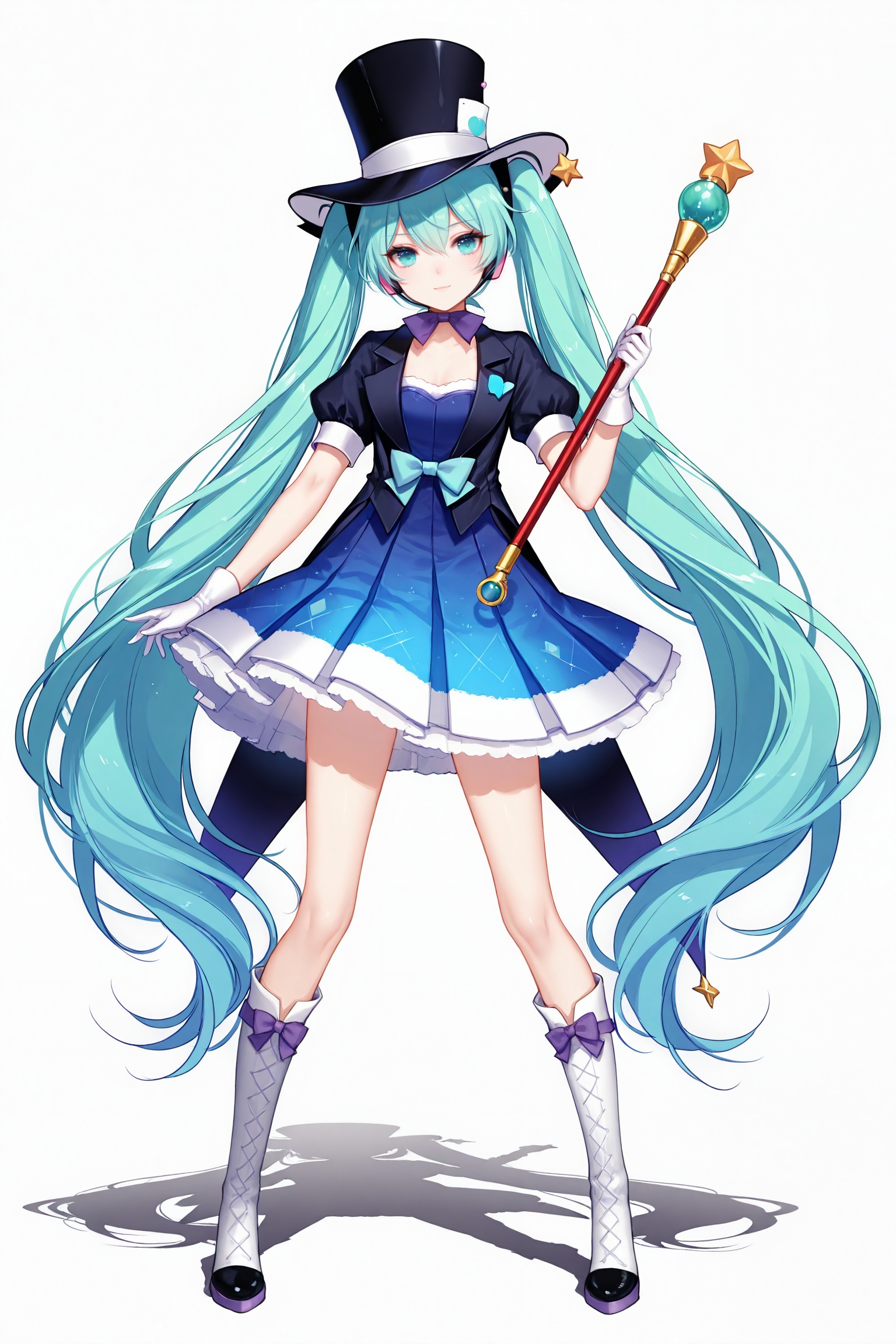 masterpiece,best quality,newest,absurdres,highres,soft shadows,photorealistic,(bison cangshu:0.5),(fuzichoco:0.6),(rimuu:0.5),(mignon:0.5),(sheya:0.6),full body,standing,legs apart,<lora:MMM2013XLNAI:1>,magical mirai miku \(2013\),top hat,gloves,puffy sleeve,black shirt,blue dress,white knee boots,