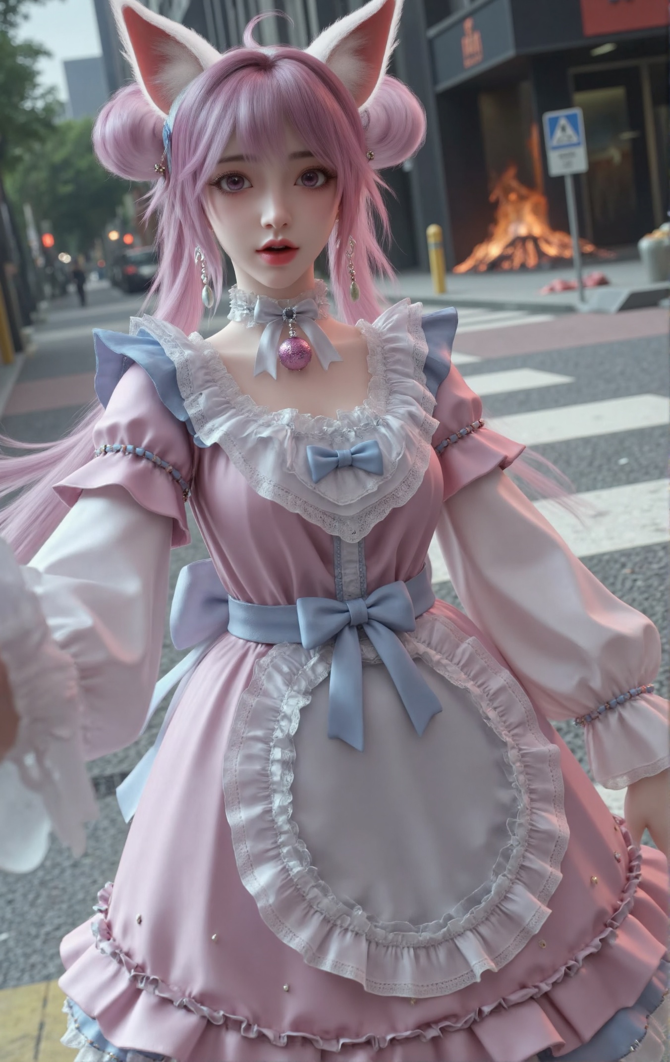 "Self-portrait of Xiaoli,a young woman with long lavender hair styled in twin buns and expressive eyes,pale skin,red lips,and pink-furred cat ears. She wears a frilly pink and blue maid outfit with white lace collar and cuffs. Taking a selfie with a shocked expression,one arm extended as if holding a camera or smartphone,in a running pose. The shot uses Dutch angle (tilted lens) and motion blur,adding unease and tension. Behind her is a chaotic city street with smoke and flames on the ground,scattered debris and garbage,but no other people. Clear and sunny sky casting bright light and sharp shadows.",