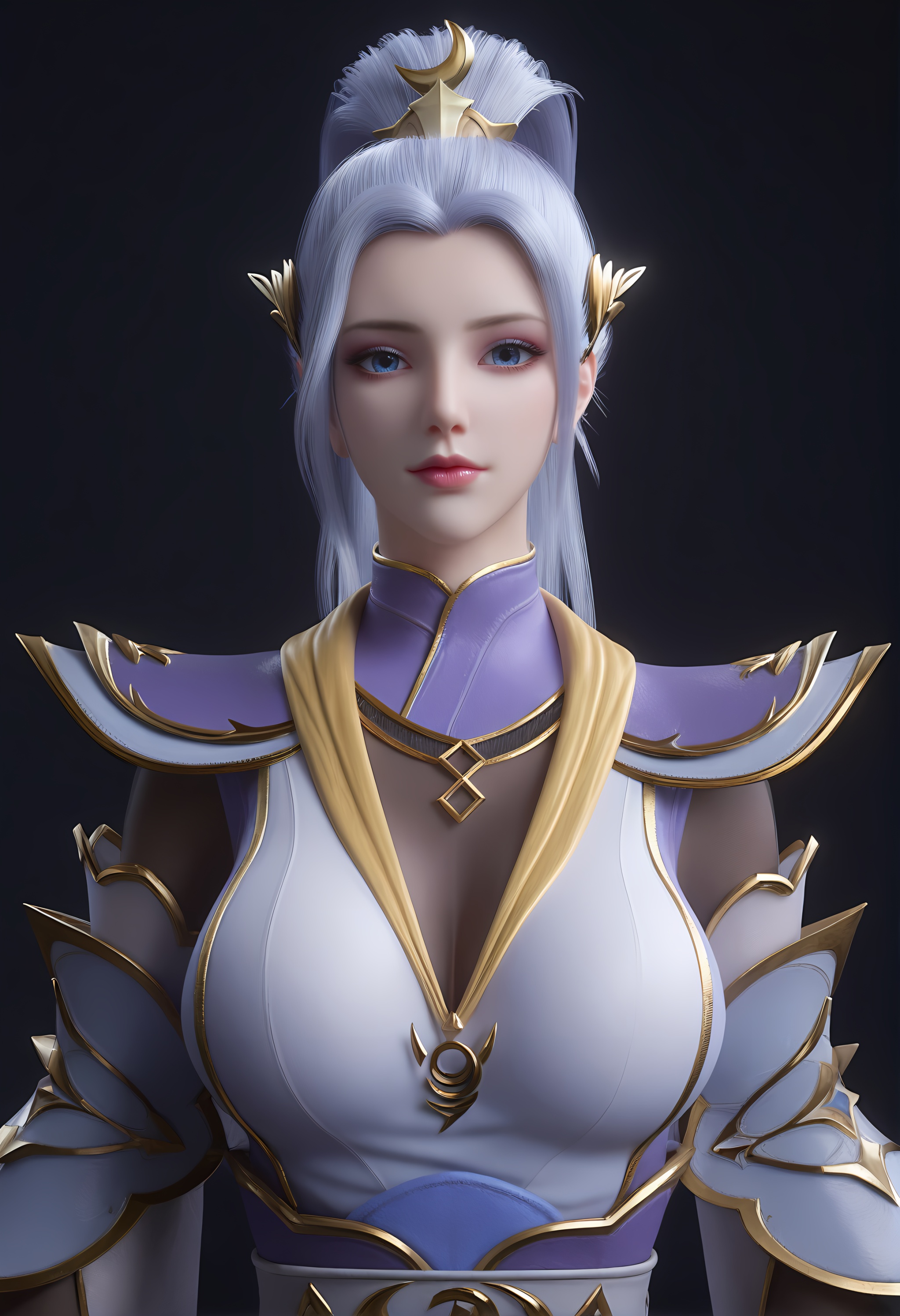 (score_9),vivid colours,Expressiveh,ambient occlusion,((Subsurface Scattering)),female,mature,(mature_female:1.1),<lora:韩月-A-pony:0.83>,hy,1girl,solo,long hair,blue hair,high ponytail,hair ornament,crescent,(crescent hair ornament),shoulder armor,chinese clothes,(black_gloves),upper body,<lora:perfect-eyes:0.8>,blue eyes,looking at viewer,front view,glamor,puffy breasts,pointy_breasts,large breasts,<lora:a修手:0.3>,OverallDetail,fair_skin,(white_skin),(Ivory_skin),black background,<lora:e色温:0.5>,<lora:e肤色滑块:0.5>,