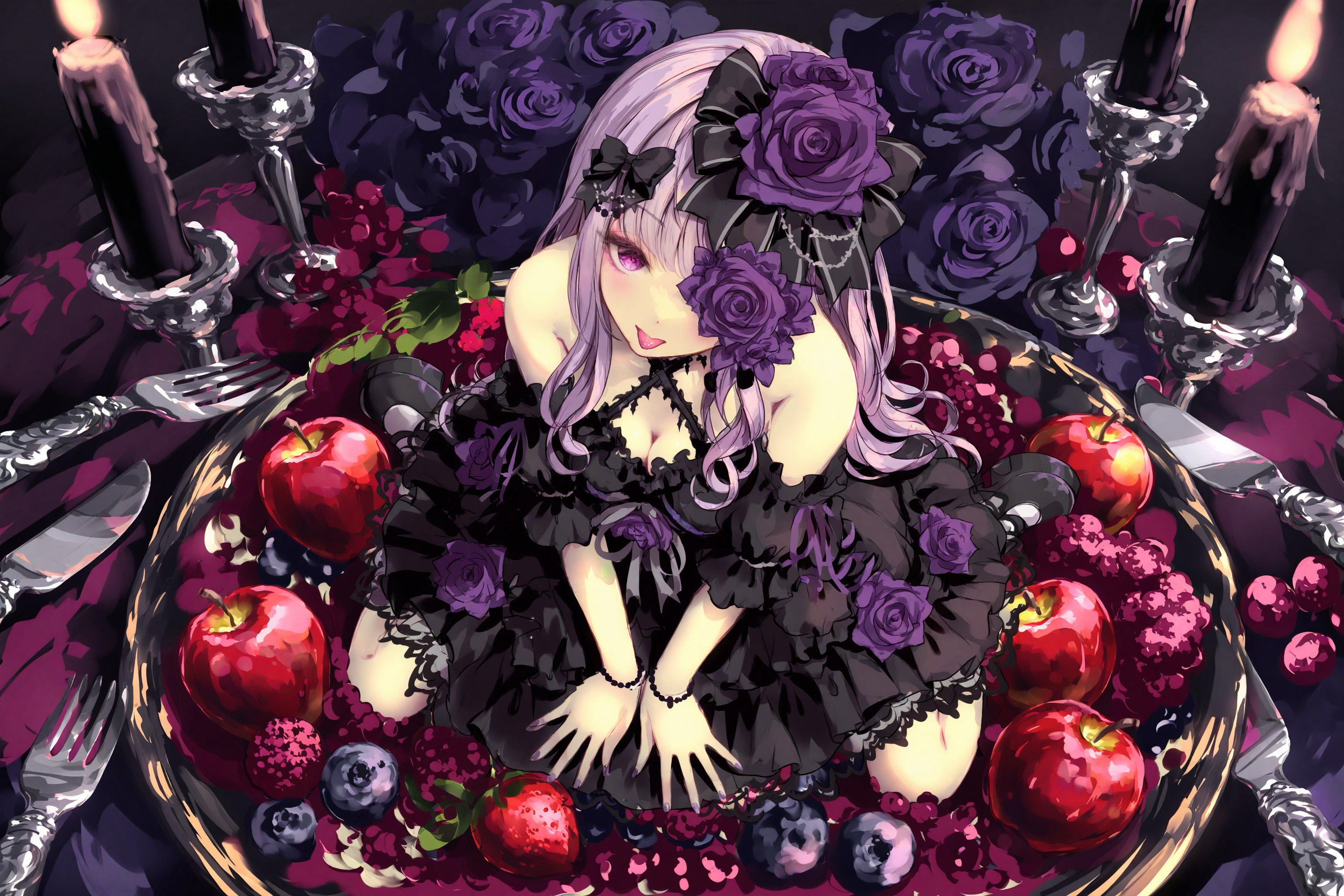 best, 1girl, candle, fruit, solo, dress, flower, fork, knife, purple flower, purple rose, black dress, grapes, rose, food, blueberry, long hair, hair ornament, tongue, tongue out, candlestand, apple, looking at viewer, raspberry, purple eyes, bare shoulders, hair flower, frilled dress, one eye covered, breasts, nail polish, purple nails, wariza, sitting, lace-trimmed dress, lolita fashion, frills, purple hair, gothic lolita, black bow, bracelet, hair bow, lace, lace trim, jewelry, strawberry, detached sleeves, bow, cleavage, hand between legs, berry, plate, from above, goth fashion <lora:lp27New.up1-000038:1>