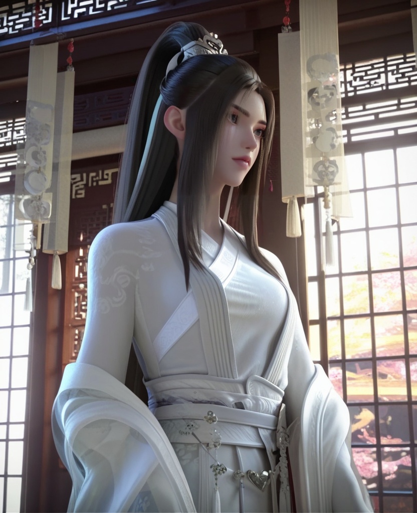 (oriental architecture, elegant decor, sophisticated style:1.1),(Hands forming a heart shape:1.1),(breasts:1.2),<lora:XL16永生方清雪:0.95>,miss fangqingxue,see-through overdress with embroidery,white chinese clothes,black hair,half-up ponytail with long cascading hai,very long hair,wide flowing sleeves,white hagoromo,, score_9,score_8_up,score_7_up,score_6_up,score_5_up,score_4_up,3d rendering,tag1,tag2, Cinematic Lighting,backlighting,