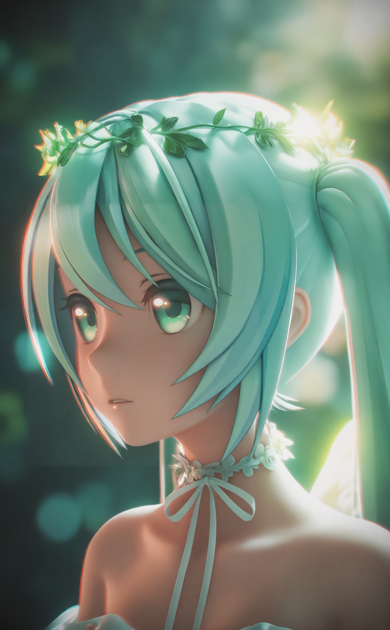 masterpiece,absurdres,best quality,loli,petite,high quality,chromatic_aberration,//,1girl,hatsune_miku,solo,twintails,blurry,bare_shoulders,long_hair,head_wreath,blurry_background,choker,wings,depth_of_field,aqua_hair,aqua_eyes,flower_wreath,frilled_choker,ribbon,portrait,looking_back,from_behind,green_eyes,backlighting,parted_lips,chromatic_aberration,ribbon_choker,angel_wings,looking_to_the_side,upper_body,neck_ribbon,close-up,hair_ornament,green_theme,looking_afar,flower,expressionless,white_choker,collarbone,bokeh,nape,sidelighting,eyelashes,eyes_visible_through_hair,light,glowing,white_ribbon,very_long_hair,aqua_theme,closed_mouth,white_wings,//,Depth of field,(colorful),hdr,Tyndall effect,depth of field,Tyndall Effect,blurry,blurry_background,depth_of_field,bokeh,glowing,//,<lora:MMDguangwuran7——【noob】hans:0.9>,