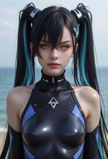 very aesthetic, score_9, score_8_up, score_7_up,masterpiece, very long hair,yellow eyes,long hair, black hair, blue hair, two-tone hair,twintails, bangs,hair between eyes,medium breasts,nail polish, eyes focus, eye contact, (aesthetic photography:1.10), portrait, model, 1girl, solo, (pale skin:1.10), (young woman:1.10), petite, asymmetrical hair, perfect eyes, slim, wearing bodysuit,elbow gloves, fingerless gloves,covered navel,bare shoulders,hair ornament, sea landscape with a marvellous ocean