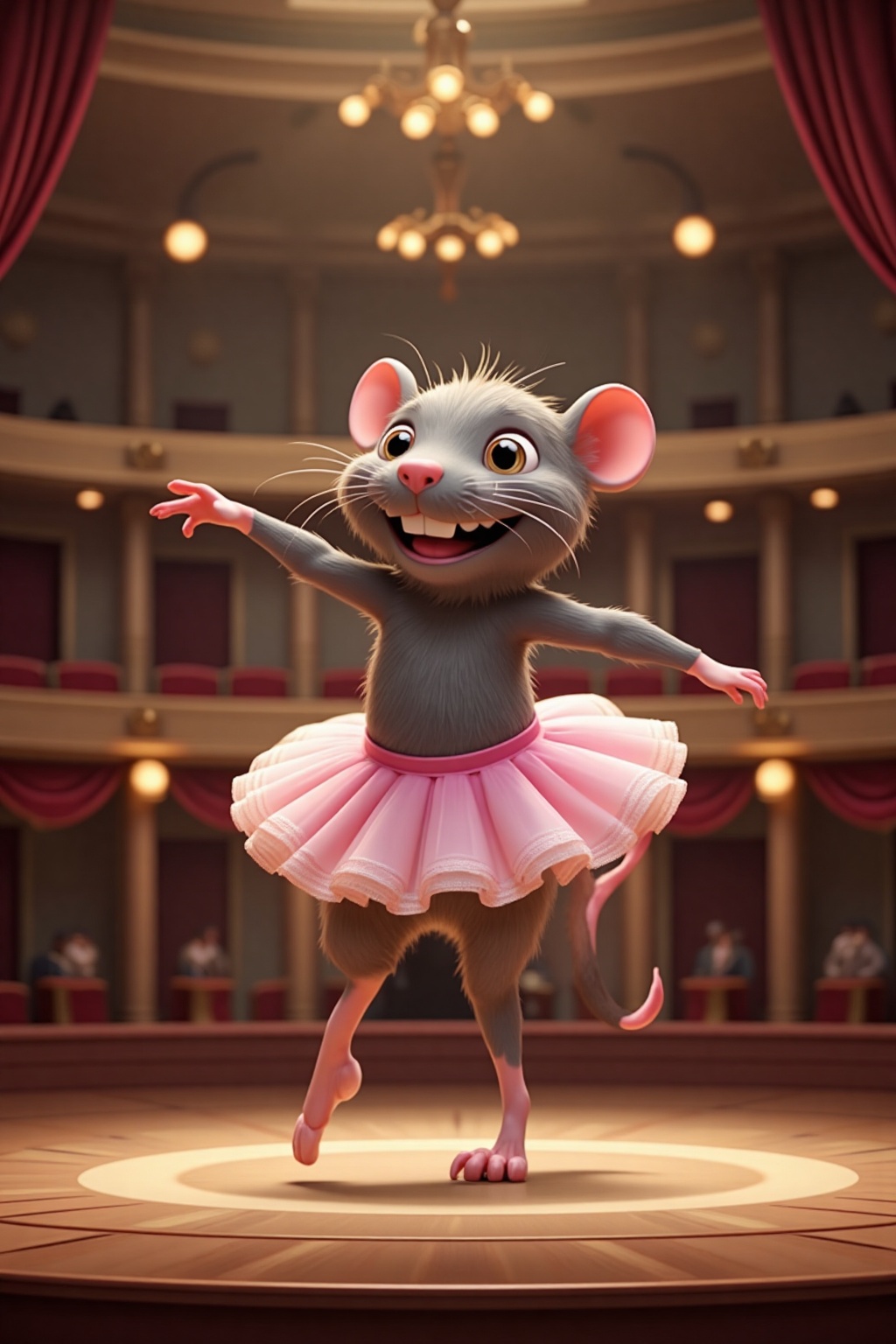 3d animation style,A gray rat wearing a pink tutu, elegantly dancing ballet on a stage in a luxurious theater, one leg up, one arm up, cute smile, surrounded by ornate decor, soft spotlight, dynamic pose, whimsical and charming atmosphere, highly detailed digital painting, cinematic lighting, 4k resolution, masterpiece, small zhibi, cute
