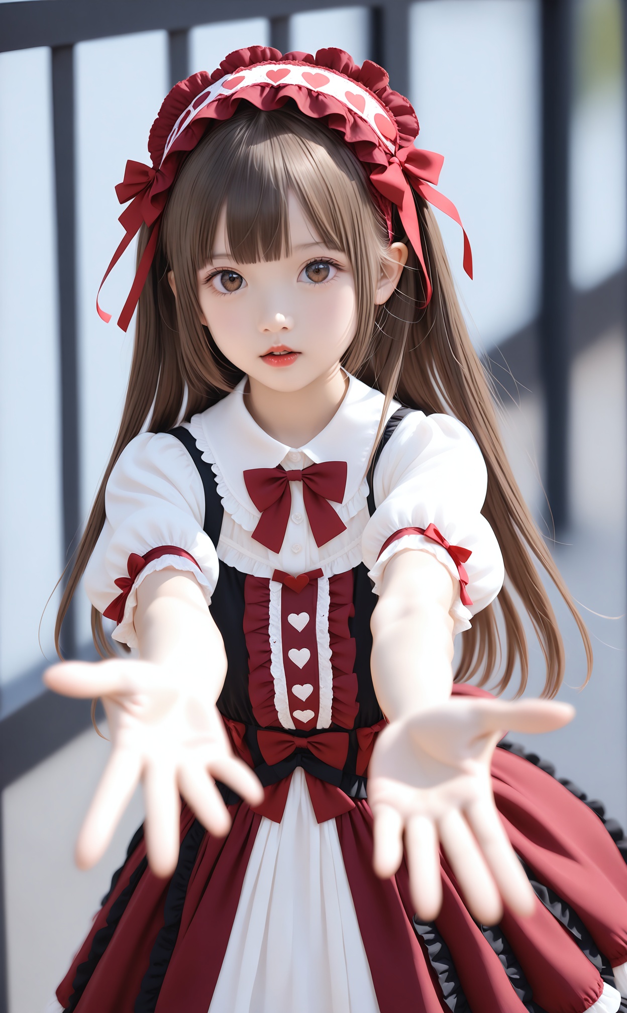 masterpiece,best quality,high quality,realistic,1girl,blurry,solo,card,dress,parted lips,red lips,long hair,looking at viewer,blurry background,lolita fashion,ace \(playing card\),hairband,playing card,two-tone dress,brown hair,depth of field,puffy sleeves,heart,lolita hairband,short sleeves,ace of hearts,red bow,gothic lolita,puffy short sleeves,bow,red ribbon,bowtie,ribbon,reaching towards viewer,red bowtie,outstretched hand,