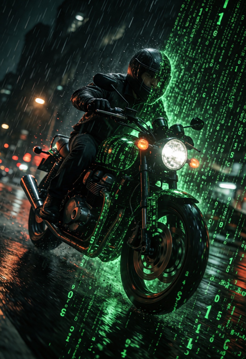 ta86_realityfracture,  a man wearing a black helmet riding a motorcycle at high speed through a dark rain-soaked city stre...