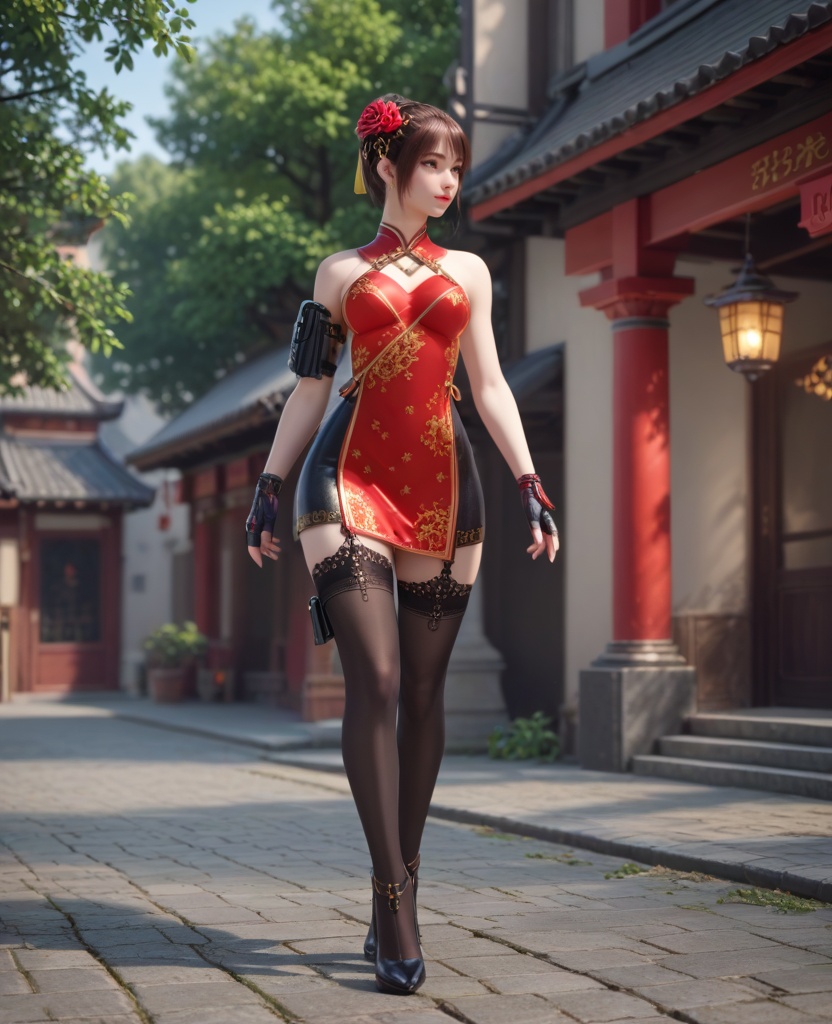 (oriental architecture, elegant decor, sophisticated style:1.1),(Walking away with a purposeful stride, one hand casually in a pocket,:1.1),(breasts:1.2),<lora:XL16穿越火线蝴蝶:0.95>,miss hudie,red short dress,black petticoat,gray eyes,brown hair,hair bun,hair flower,holstered,black fingerless gloves,black lace-openwork thighhighs,black high heels,, score_9,score_8_up,score_7_up,score_6_up,score_5_up,score_4_up,3d rendering,tag1,tag2, Cinematic Lighting,backlighting,, zPDXL3, zPDXL2,zPDXL, zPDXLxxx, zPDXLrl,