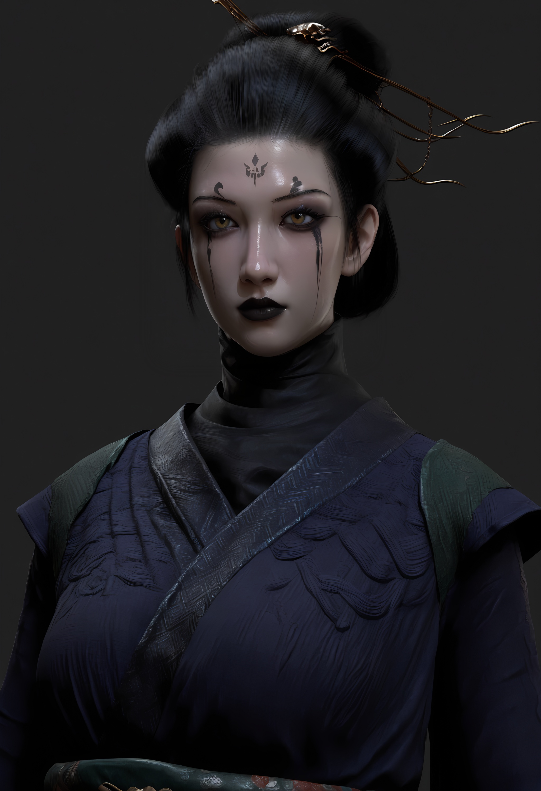 (score_9),<lora:四妹-Apony:0.86>,foursister,solo,1girl,black hair,facial mark,forehead mark,hair ornament,hair bun,hair stick,chinese clothes,upper body,black_eyeshadow,black lips,Willow-shaped eyebrows,large breasts,glamor,puffy breasts,pointy_breasts,<lora:a修手:0.35>,front view,arms behind back,simple background,OverallDetail,(shiny_skin),(deep_skin:1.1),<lora:perfect-eyes:0.8>,<lora:e色温:0.5>,<lora:SkinRealityOrg_ponyv6_loraplus:0.2>,real skin,<lora:detailed_notrigger:1>,<lora:身材滑块:0.5>,