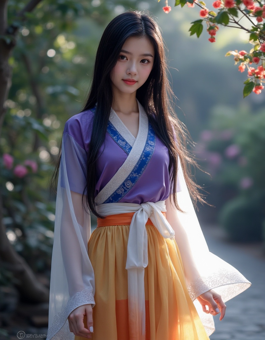 A beautiful girl, featuring long black straight hair that flows down her back. Her brown eyes glow with an alluring and mysterious charm. She wears a WeiJin_JiaoLing_RuQun with intricate embroidery, which drapes elegantly around her figure. simple purple top with blue edge, gradient white sleeves, patterned yellow and orange skirt, white sash. The fabric is thin and transparent. Her feet are faintly visible at the bottom, adding to her graceful and ethereal presence. She is in a Chinese garden. The scene has a soft, enchanting atmosphere with subtle mystical lighting, enhancing her otherworldly allure.