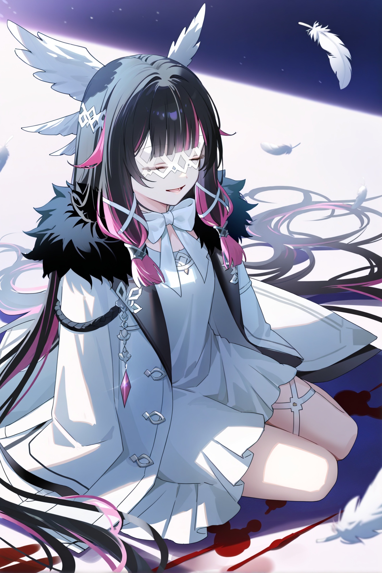 yejji,Ryuzaki Ichi,Rosuuri,ka ra ra ge tsu ne,Columbina\(genshin impact\), 1girl, eye mask, long hair, closed eyes, multicolored hair, solo, dress, fur trim, white dress, sitting, black hair, coat, white mask, full body, smile, blood, very long hair, bow, pink hair, white bow, fur-trimmed coat, open mouth, wings, two-tone hair, streaked hair, long sleeves, blunt bangs, feathers