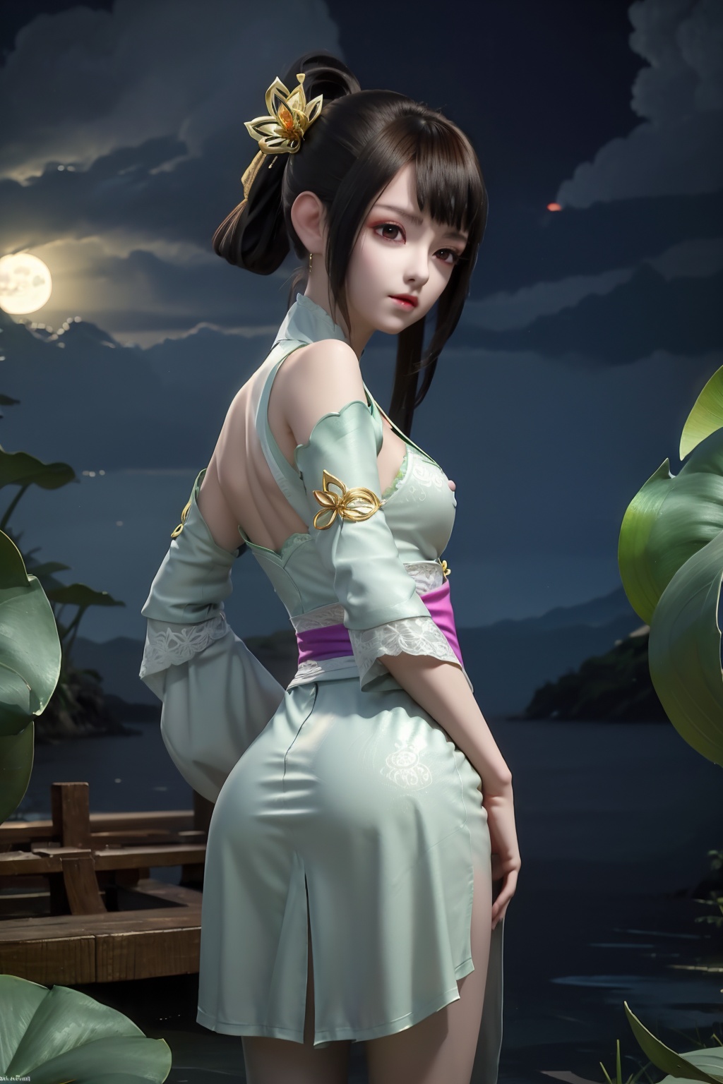 standing,dress,chinese clothes,flower,full_moon,moon,night,lily_pad,lotus,moonlight,nipples,water,night_sky,lily_\(flower\),sky,partially_submerged,1girl,solo,hair ornament,long hair,realistic,nail polish,photo_\(medium\),(small breasts,cleavage),makeup,(8k, RAW photo, best quality, masterpiece:1.2),(realistic, photorealistic:1.3),ultra-detailed,extremely detailed cg 8k wallpaper,(crystalstexture skin:1.2),extremely delicate and beautiful,(sexy pose:1.2),ass,from behind,(looking back:1.5),bent over,hair ornament