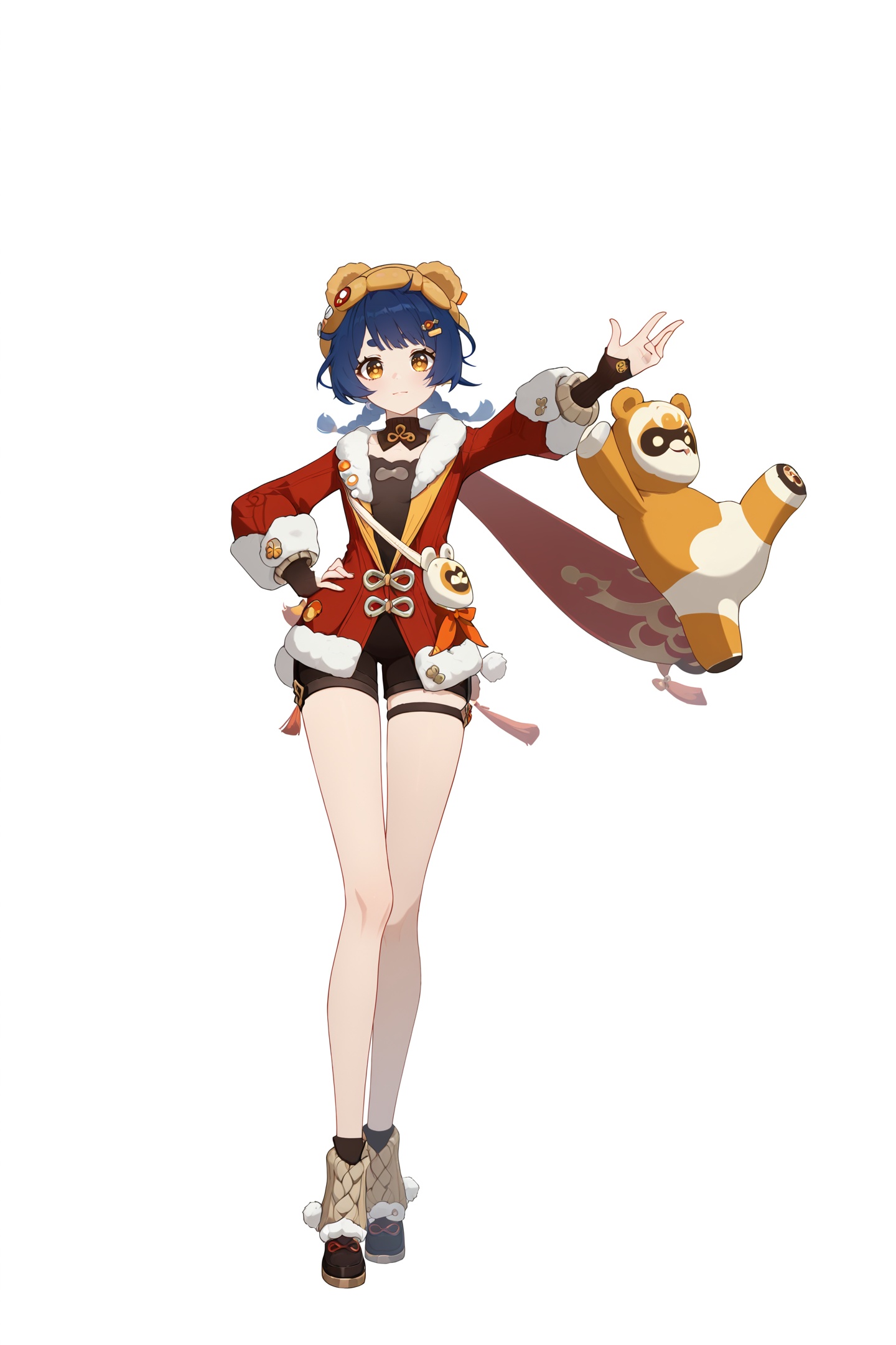 score_9,score_8_up,score_7_up,score_anime,8k,best quality,masterpiece,(ultra-detailed),(high detailed skin),(by nanoless, by misumi \(macaroni\),:0.5),<lora:YLI 0.1v:0.25>,<lora:style1:0.25>,A full-body portrait of a young girl,standing gracefully,pastel art style,high-key lighting,shoujo manga influence,hd quality,delicate details,full body,full shot,standing,looking at viewer,(solo:1.2),simple background,white background,hand on own hip,<lora:huxiang-pony-Tanger-000018:0.8>,xiangling \(New Year's Cheer\) \(genshin impact\),clothes:New Year's Cheer,1girl,hat,hair ornament,bangs,braid,hairclip,bare legs,bandaid,red coat,
