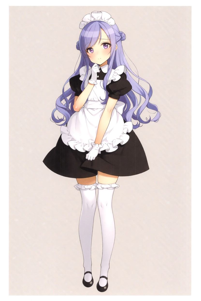 Full-body anime illustration of a cute girl wearing a classic maid outfit. She has long,  flowing,  wavy lavender-purple h...