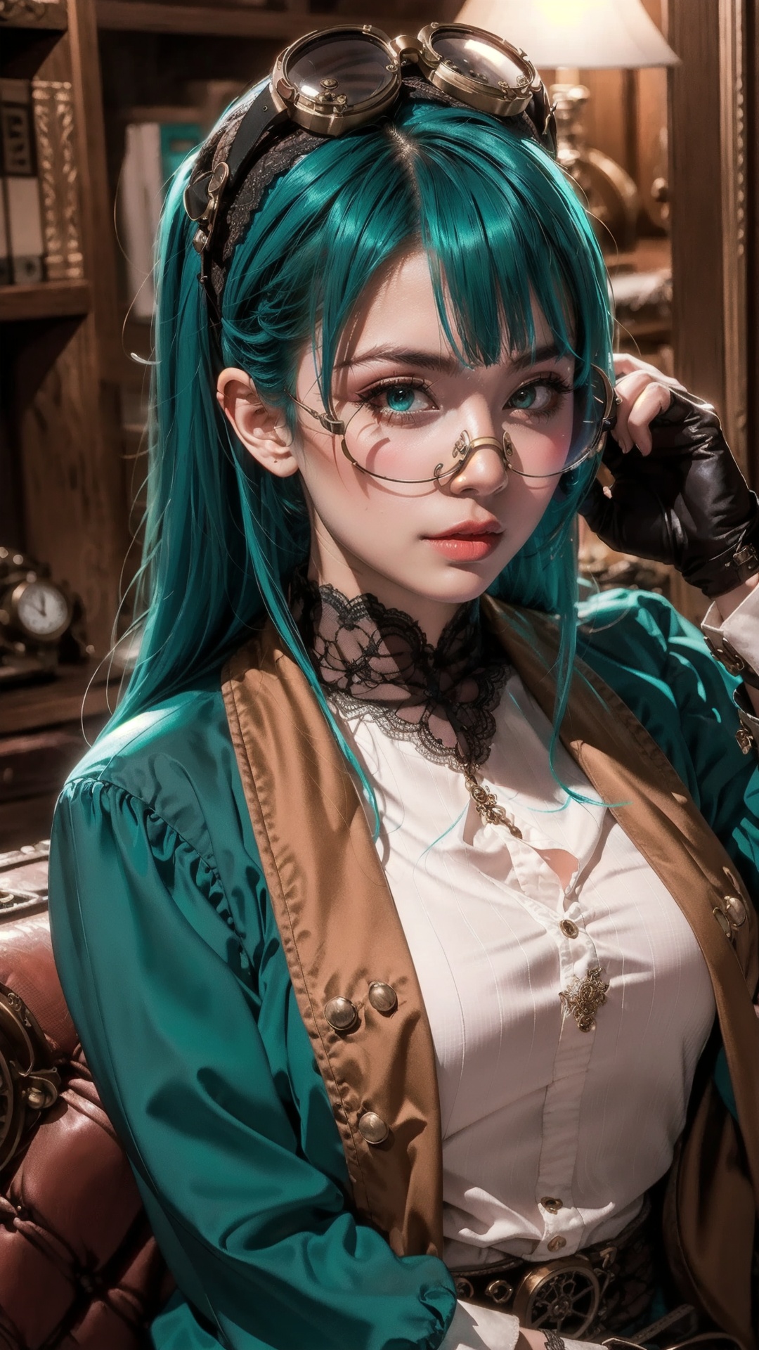 long hair, bangs, high-resolution image, natural light, Asian ethnicity, young woman with blue hair and goggles on her head and a clock in the background with a clock,Charlie Bowater,steampunk,a character portrait,aqua eyes,aqua hair,eyewear on head,fingerless gloves, goggles on head,lace,lace trim,lips,long hair,looking at viewer, makeup, sitting, solo, steampunk, striped, sunglasses,