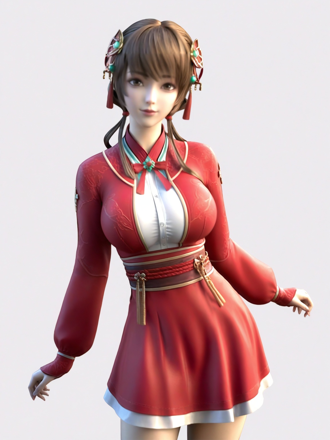 score_9,<lora:SF_HongYi_Pony_Realism2.3:0.7>,hair ornament,1girl,breasts,large breasts,long sleeves,red clothes,bangs,brown hair,solo,standing,skirt,looking at viewer,white background,simple background,