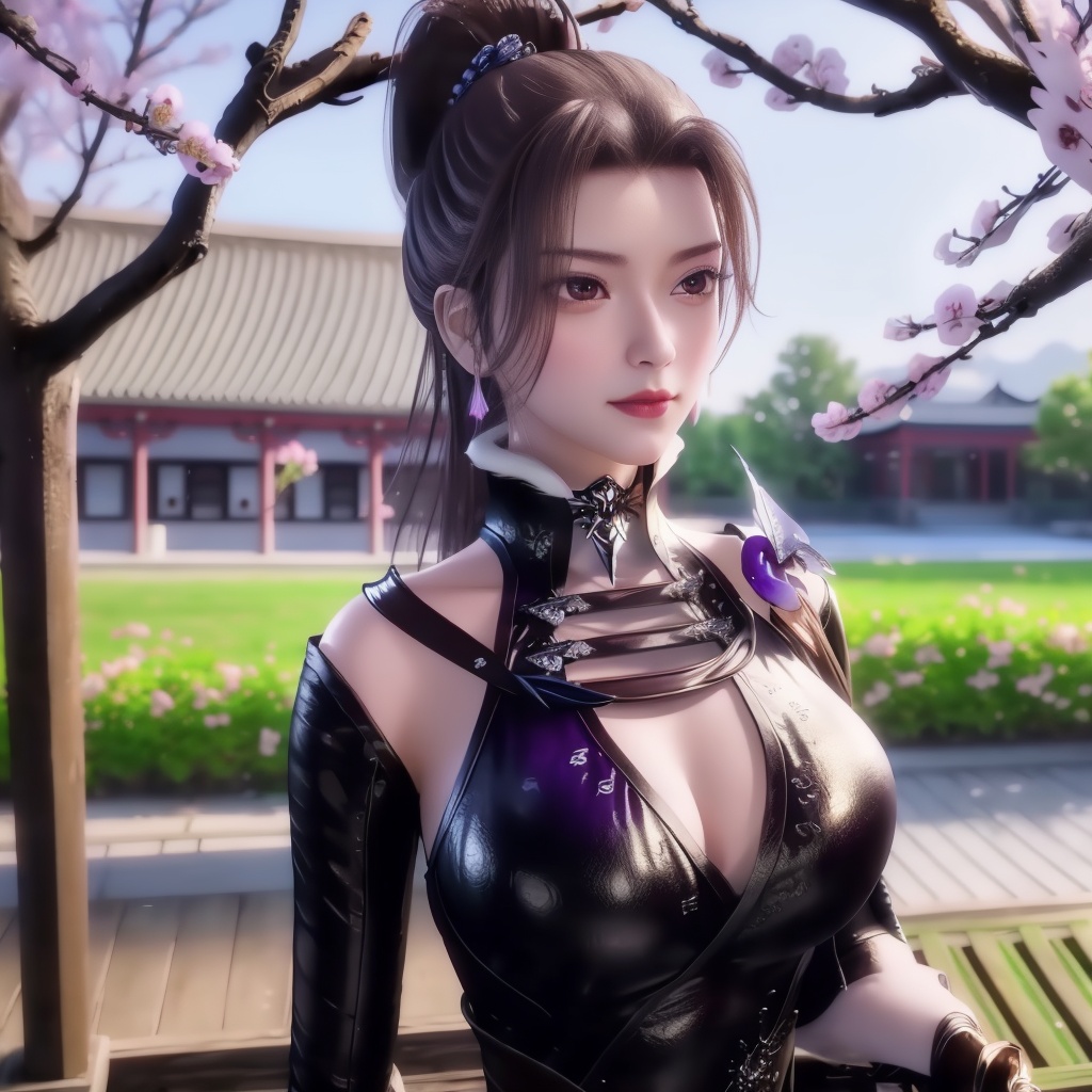 <lora:万界至尊-李雪衣-皮衣:0.8>, (,1girl, ,best quality, ),looking at viewer,  ,ultra realistic 8k cg,, ,masterpiece, (( , )),, ,   plum blossoms,    ,,  (cleavage),,  (), ,,