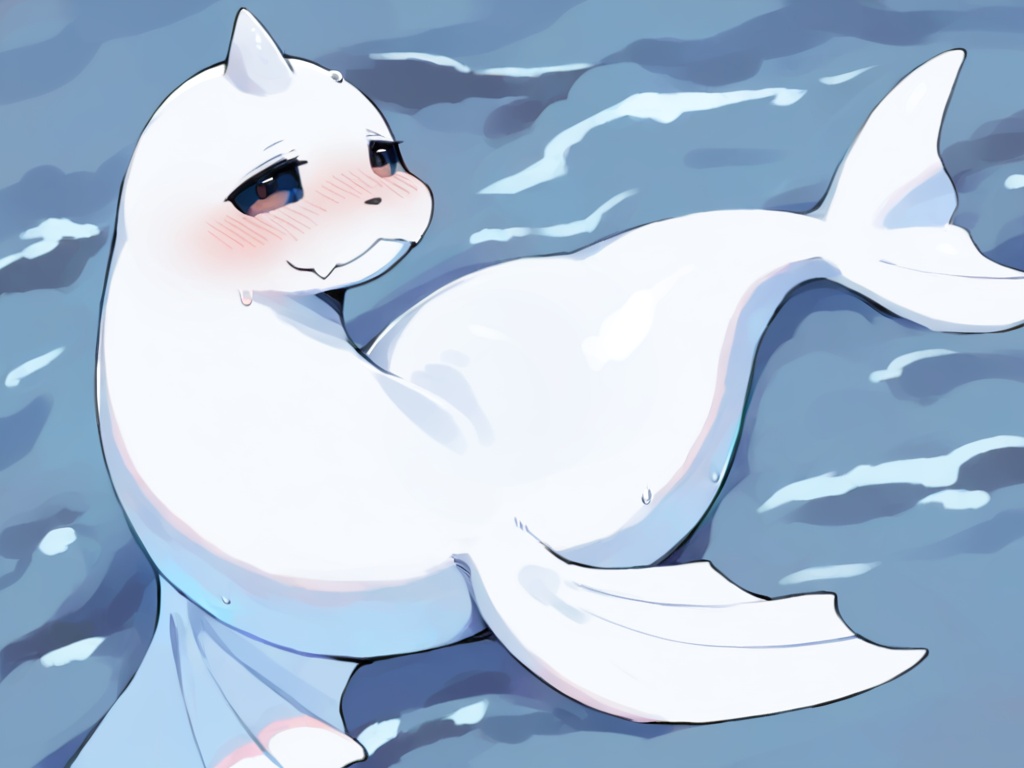 Masterpiece,Best Quality,dewgong,white body,full body,feral,solo,flipper,no humans,pokemon \(creature\),single horn,ocean,<lora:dewgongXL:0.9>,blush,close eyes,