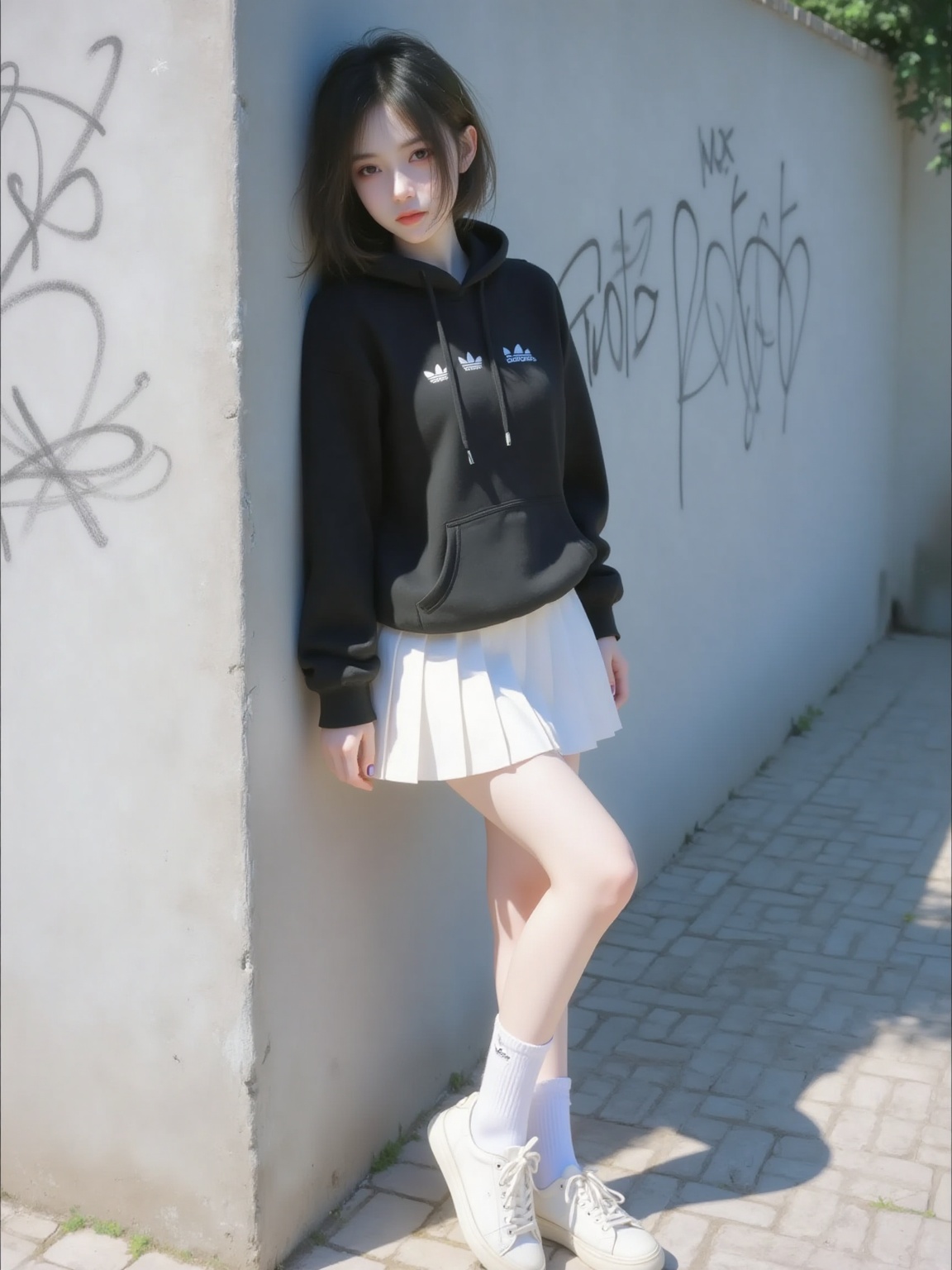 This photo is a highly detailed digital artwork depicting an eye-catching young woman. A young East Asian woman confidently leans against a wall outdoors. She stands on a paved surface, with a slender and fit physique. Her skin is fair, and her long straight hair hangs over her shoulders. She wears a black Adidas hoodie with small white logos on the chest, paired with a white pleated skirt that accentuates her long legs. Her shoes consist of low-top white sneakers and white socks reaching below the knees.The background is a wall covered in graffiti.
