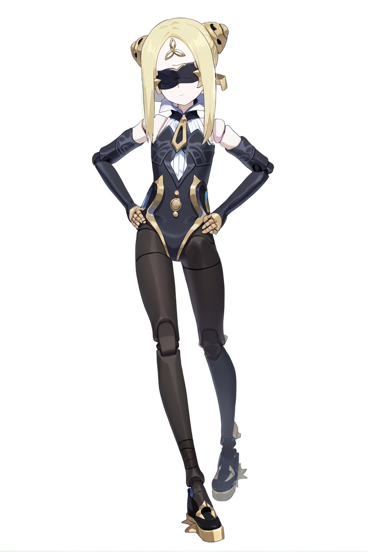 score_9, score_8_up, score_7_up, score_anime, 8k, best quality, masterpiece, (ultra-detailed), (white background,simple background:1.3), solo, hands on hip, (full body:1.1), looking at viewer, <lora:qianren-pony-Tanger:0.8>, qianren, qianren's def clothes, 1girl, blindfold, blonde hair, pantyhose, bodysuit, joints, black shoes, 