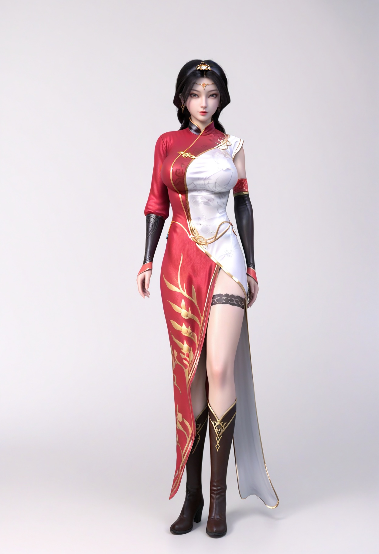 score_9,<lora:SF_HaoTianShiYue_Pony_Realism2.3-000004:0.7>,hair ornament,black hair,dress,asymmetrical sleeves,1girl,breasts,large breasts,china dress,red dress,white dress,solo,looking at viewer,white background,simple background,full body, boots,