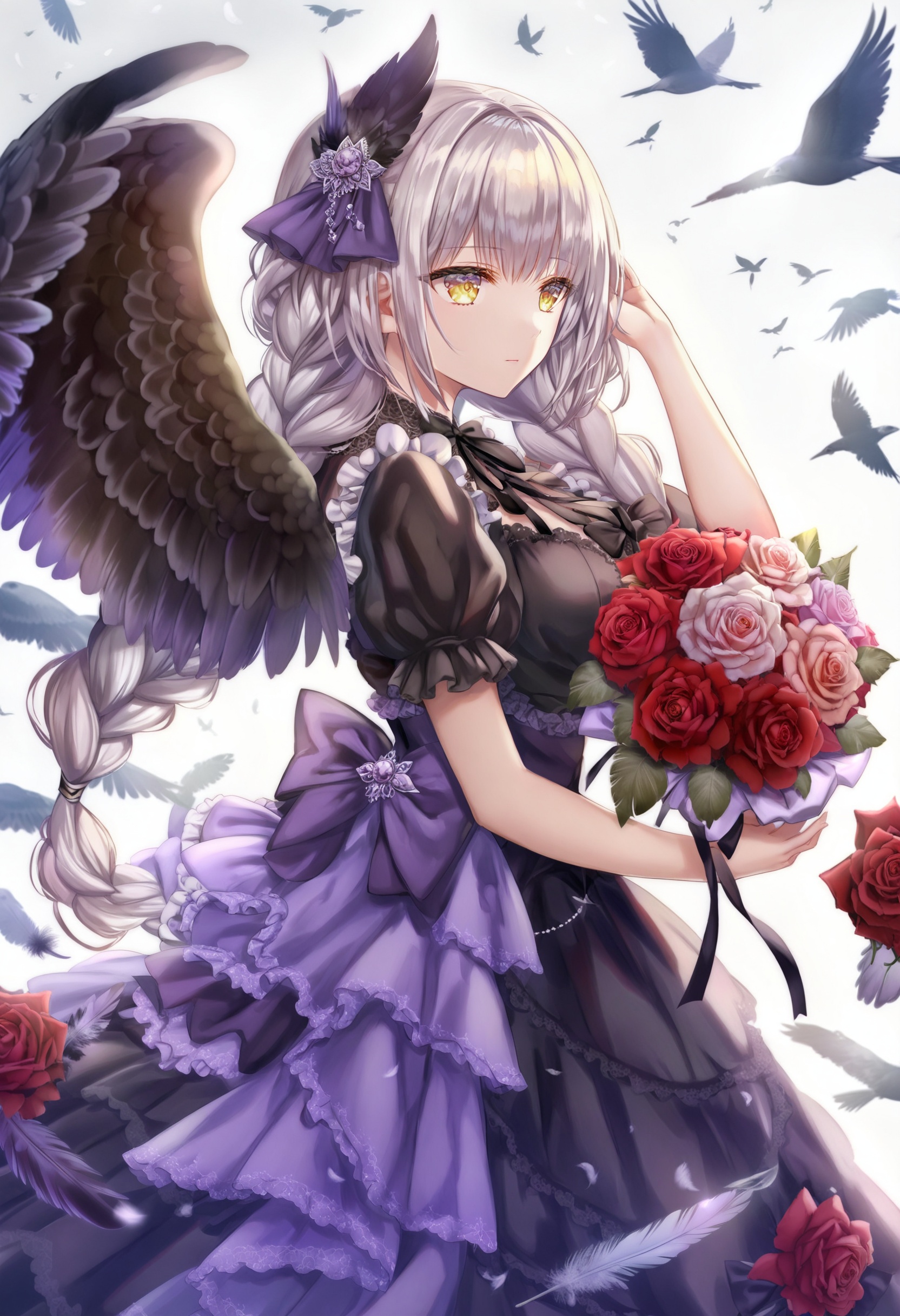 masterpiece, best quality,1girl,   solo, flower, rose, bird, red flower, long hair, white hair, bouquet, crow, red rose, from side, holding, white background, profile, feathers, upper body, wings, simple background, black wings, yellow eyes, dress, black dress, holding bouquet, ribbon, closed mouth, frills, breasts, hair ribbon, bird on shoulder, medium breasts, hair bow, purple feathers, puffy sleeves, bow, hand up, twin braids, floating hair, looking ahead, purple bow, black ribbon, animal on shoulder, multiple wings, feathered wings, braid <lora:torinoXLlokr8f-000182:0.95>